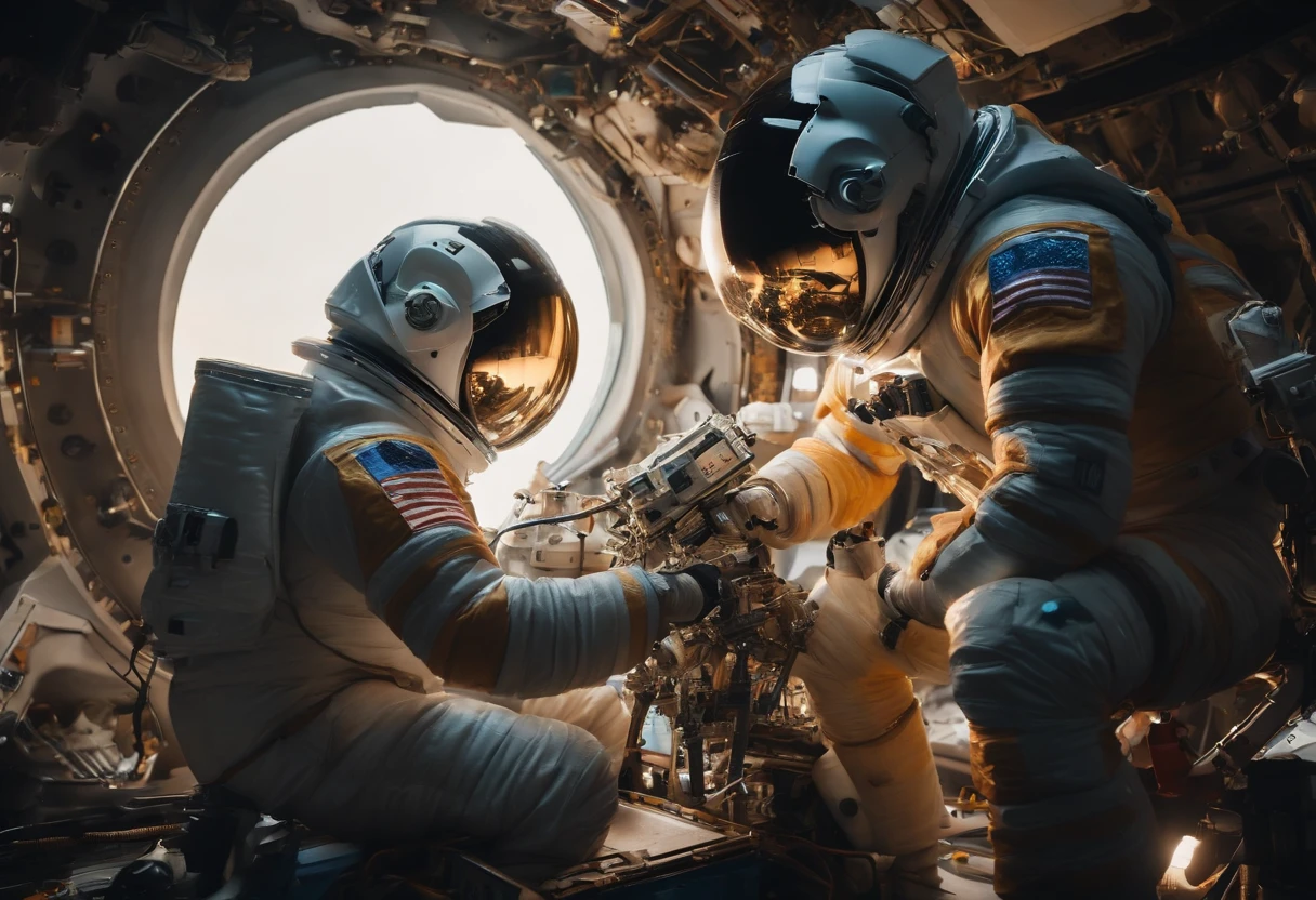 Best quality, , 超高分辨率, (Realistic photography:1.4), Many robots and astronauts are repairing a broken spacecraft in space.