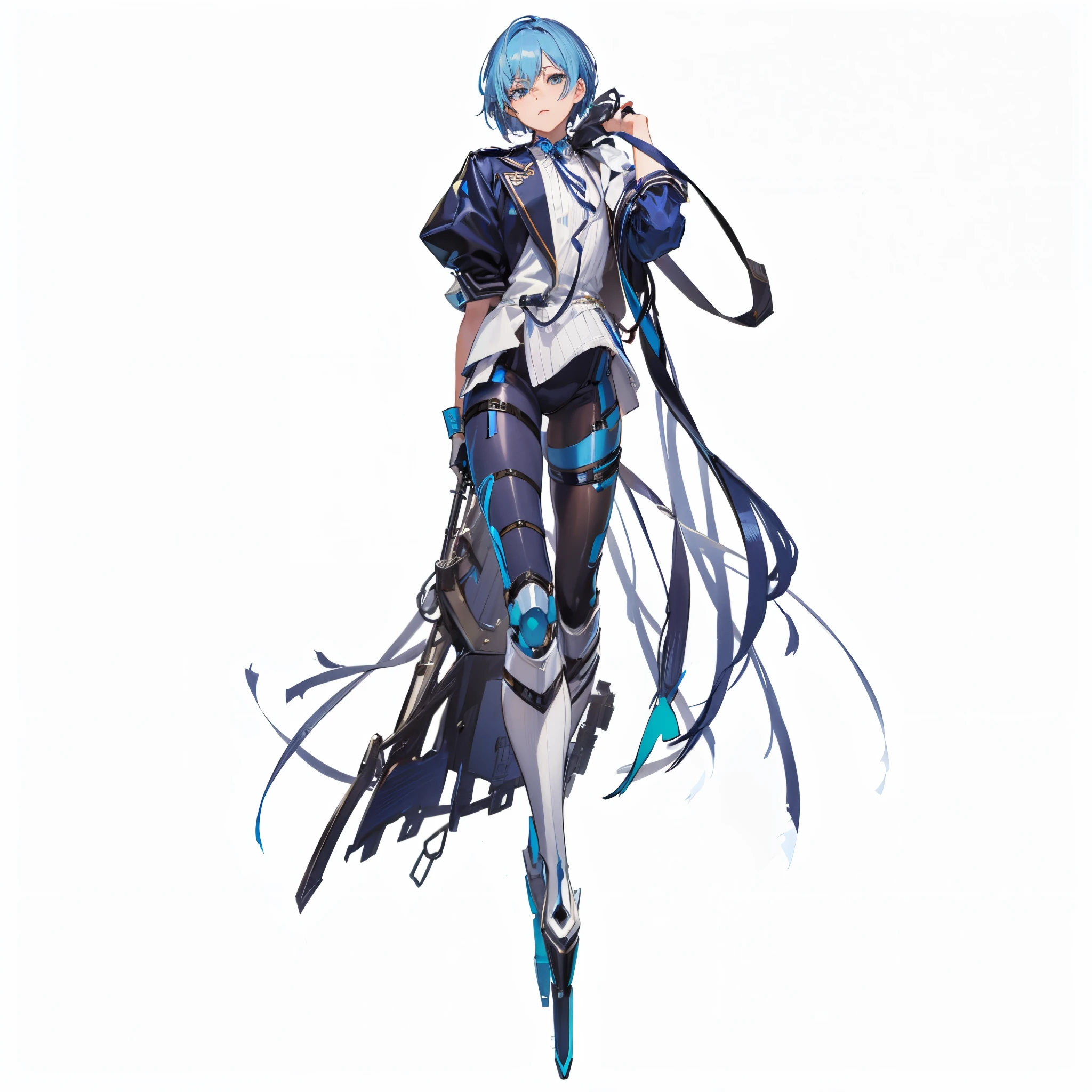 tmasterpiece, Best quality at best, male people, Short hair details, Blue hair, ribbons, mechanical leg