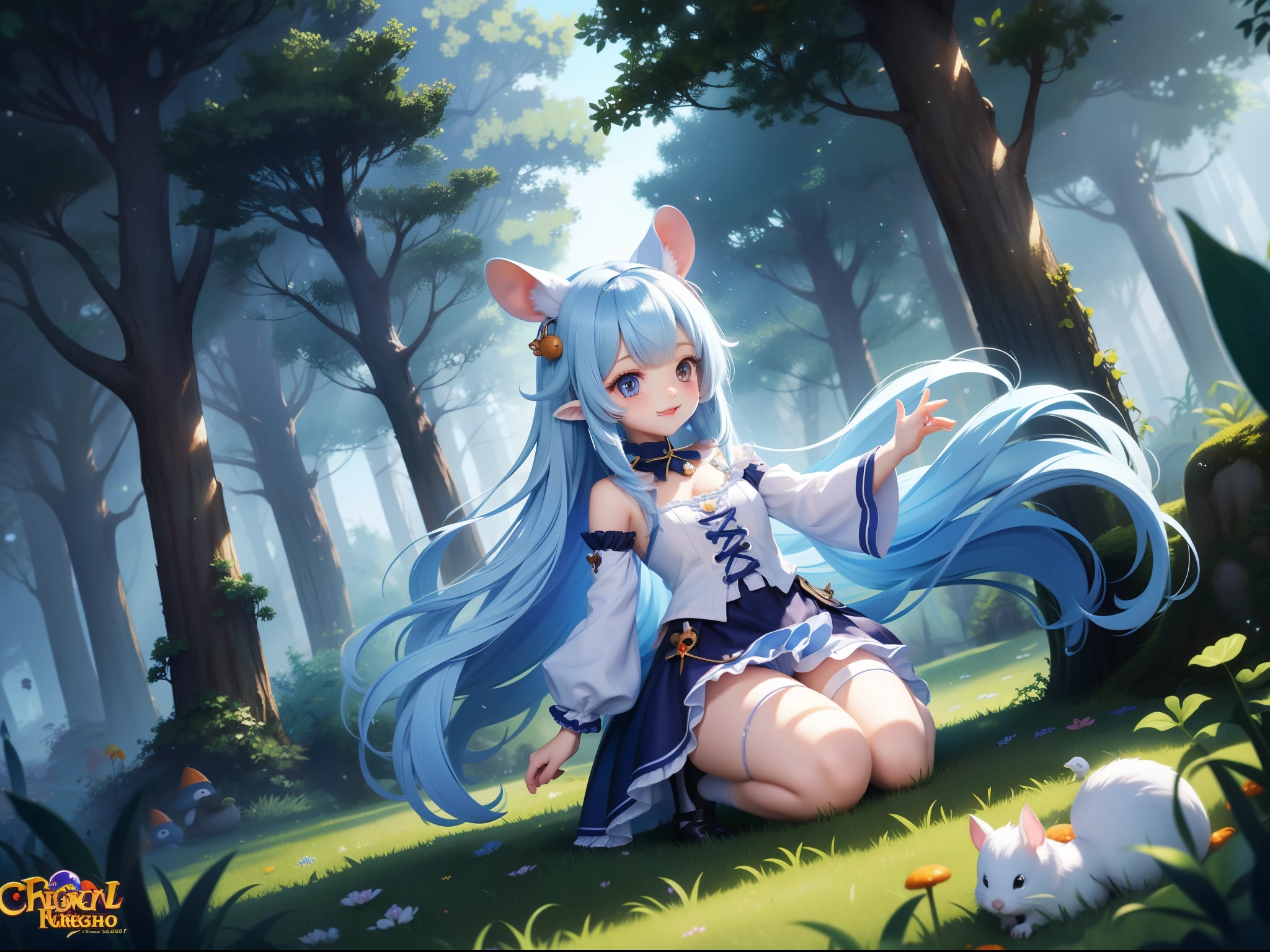 A world where wisteria flowers bloom、In the mysterious forest where wisteria is in full bloom、long white ears、Light blue long hair、With a cute girl with twin tails Wisteria petals dancing in the wind Adorable smile、Wearing a cute dress。Iris。Cute woodland creatures.、White rabbit with big ears、Cute mushrooms are also growing.、Adorable digital painting, Cute and detailed digital art, the squirrel king, Cute digital art, Cute cartoon characters, Cute Characters, Cute Creatures, Cutie, Official illustrations, Official Art, squirrel, MapleStory Mouse, Astriloan, Cute 3D rendering