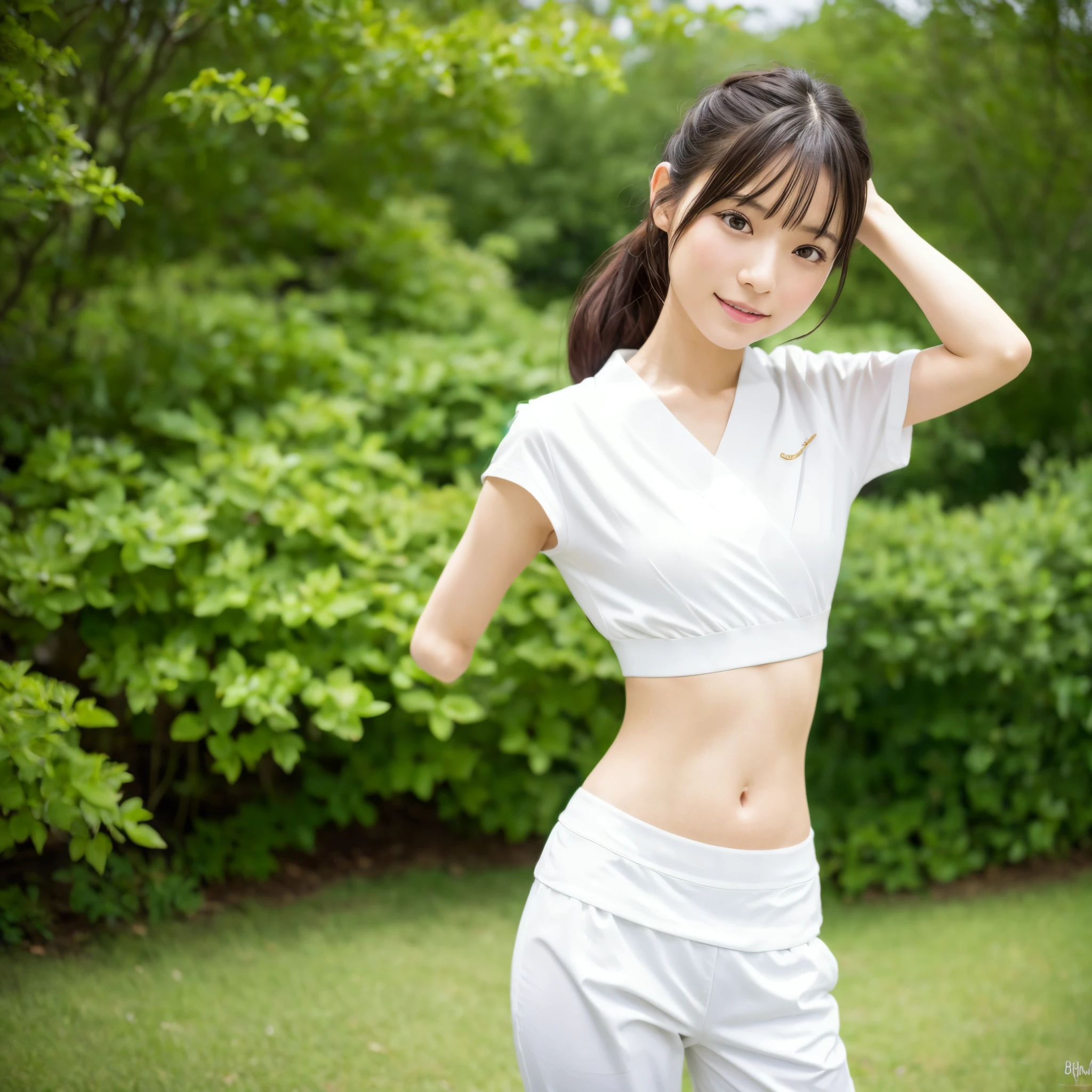 (Photorealsitic)(), Pretty Woman, (Full body 8K portrait), 1 girl in, White Karate Uniform, White karate pants, Large bust,Stand alone, Large and dynamic hand and foot movements, Stick out your fist, Make a high side kick, Correct skeleton, Perfect facial detail, (Smile: 1.15), attractive beautiful face, gazing at viewer, a small face, 二重まぶた, Beautiful detailed eyes, long eyeslashes, ligh brown hair, poneyTail, Toned waist, Beautiful thin legs, toned ankles, bare-legged ,TOKYOcty, the background is green, no nsfw