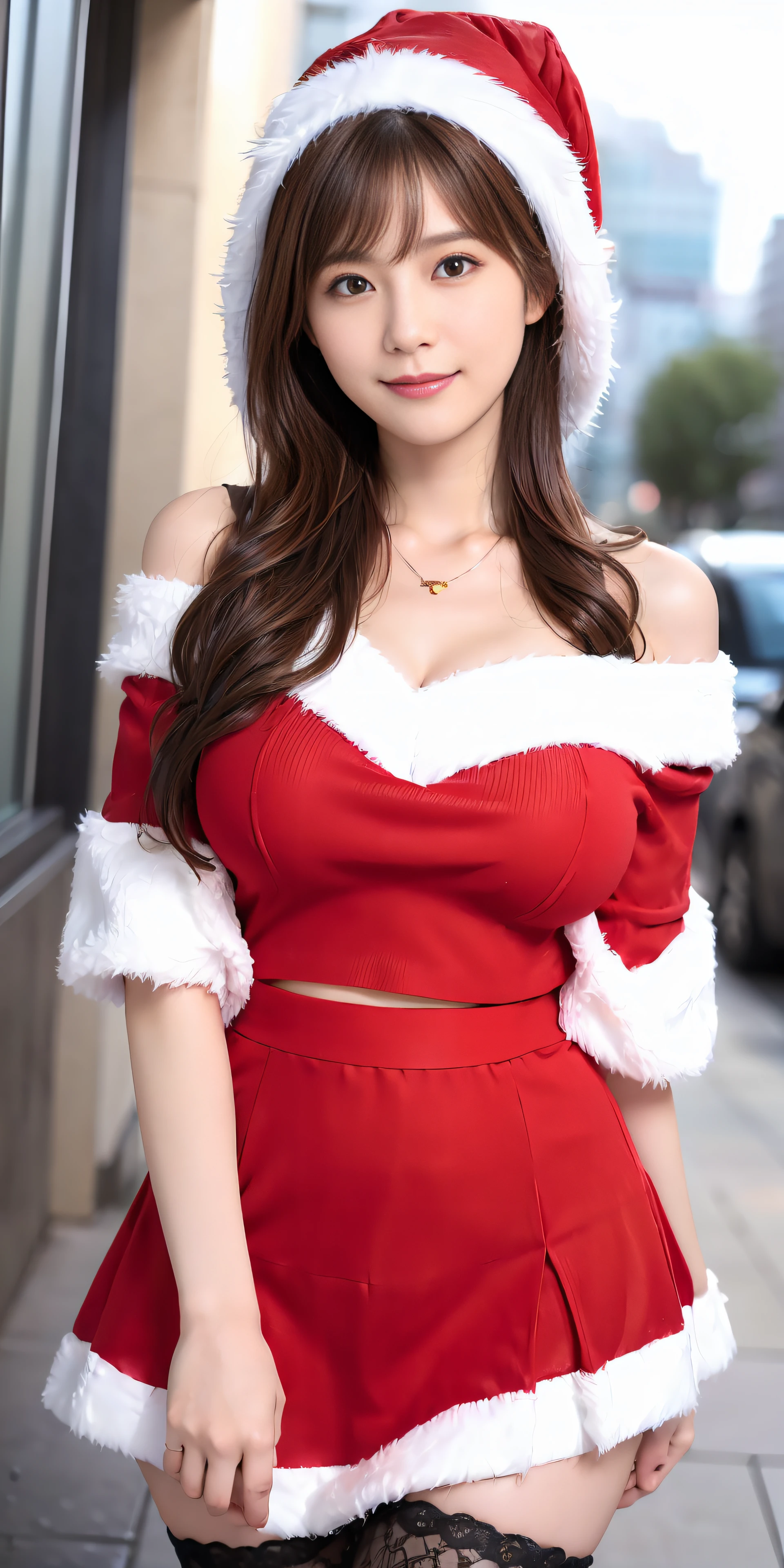 A woman in sexy costume poses in front of a Christmas tree, breast enhancement,reality,offcial art,8K quality,Super detail,fine detail skin,Movie Angle,cinematic textures,Masterpiece,Best picture quality,1 girl,Zhu lips,Messy hair,pantyshot,underbust,1girll,Whole body,White_Stockings,Lace,Long hair,upper legs,Lace,White stockings,Wear a red velvet jacket , A girl in a red velvet jacket stands in the snow,Velvet set,There is snow on the trees,Snowflakes fall from the sky,There are dolls hanging from the Christmas tree,The girl has antlers on her head, christmas dress,Santa Claus set,Korean girl, 4k post, a wide full shot,