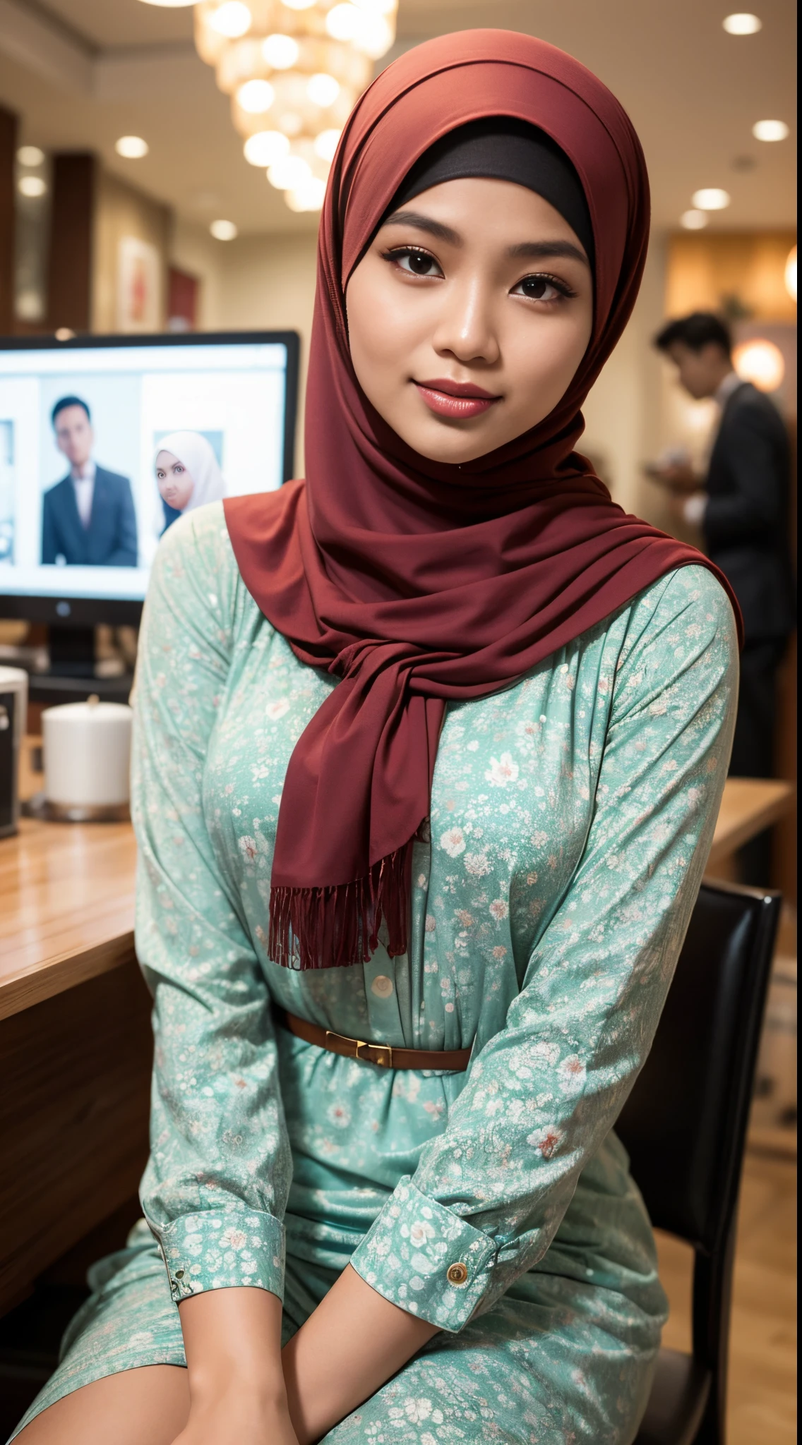 RAW, Best quality, high resolution, masterpiece: 1.3), beautiful Malay woman in hijab (iu:0.8),A photo of a young, nerdy malay woman in hijab sitting in a starbuck cafe with 1 malay men in office suit standing behind, woman wearing pastel floral pattern baju kurung, surrounded by a cozy atmosphere, cool ambient, looking at the viewer. (Detail skin:1.3), haired hand,
Hijab, slender, red lips, flirting with the camera