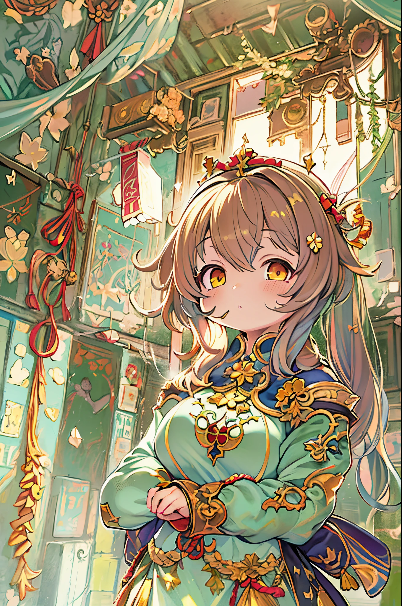 Genshin style, Small curved loli, official artwork, Painting hanging on the wall, Gorgeous walls, golden splendor, nffsw, Art Book
