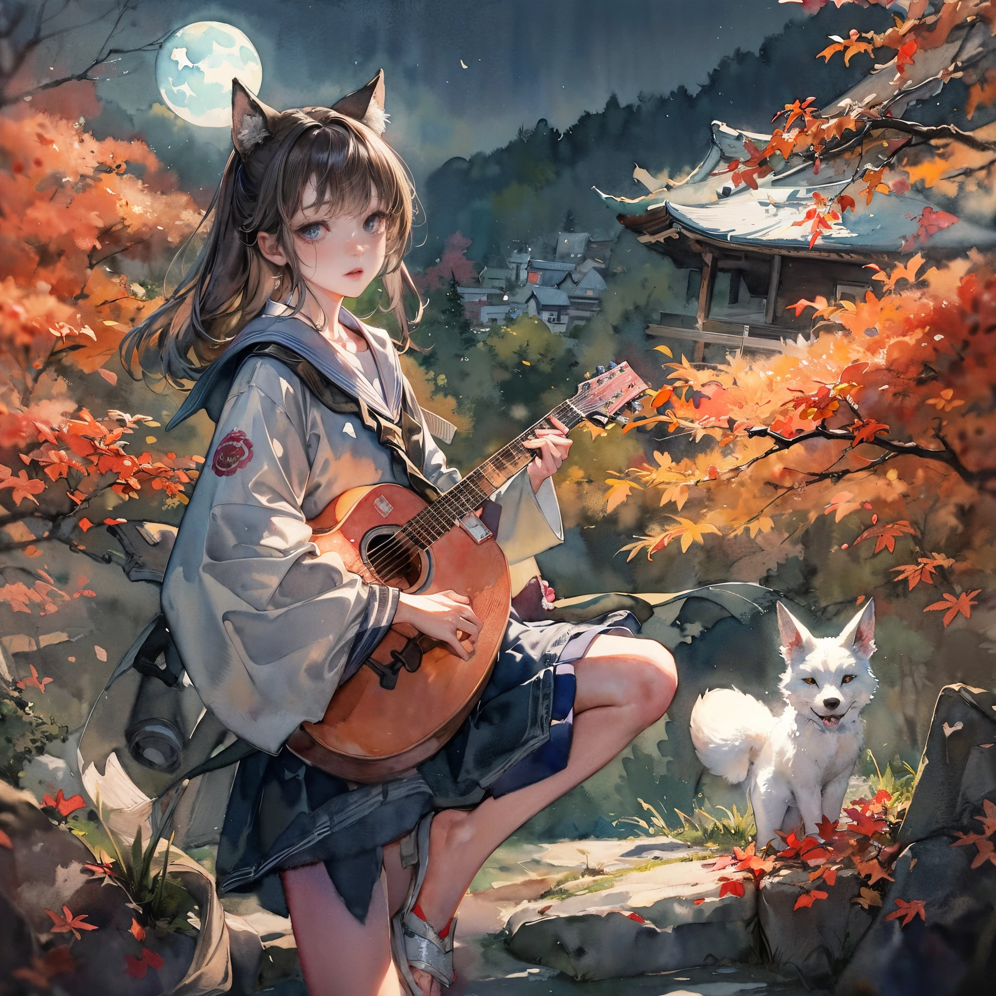 Cinematic lighting,super detailed skin、Beautiful detailed eyes、Best Quality,Perfect Anatomy,(Alternative、dim colors, Soothing tones:1.3),(Detailed beautiful facial features:1.3)(watercolor medium:1.4)Watercolor style、Girl in sailor suit、 (Girl Playing Guitar、Highly detailed hands:1.6)The grounds overlooking the Kiyomizu-dera waterfall in autumn、Highly detailed feet、Autumn foliage season、🍁(deep in the night、moon shining、beautiful night:1.5)White fox、fullllbody