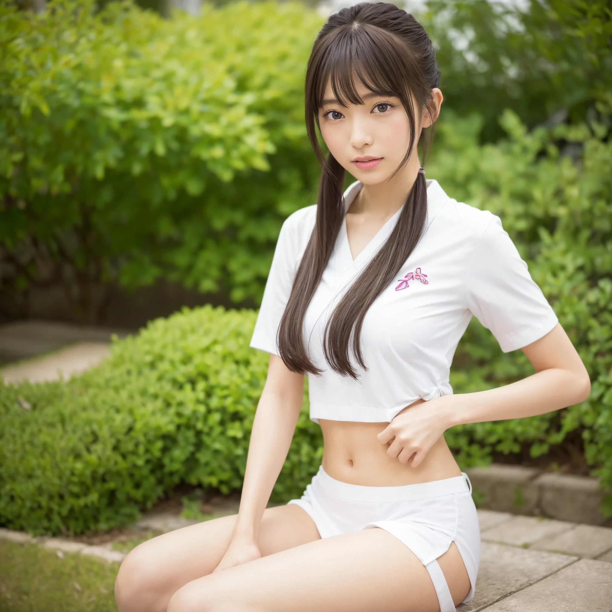 Girl sitting with legs apart、kneesは閉じない、Bow-legged、White T-shirt、Navy blue high leg bikini pants swimsuit、playground、18-year-old,bangs,A small smile,knees,Short hair tied low,Front light,Physical education class、Highlighting the high leg