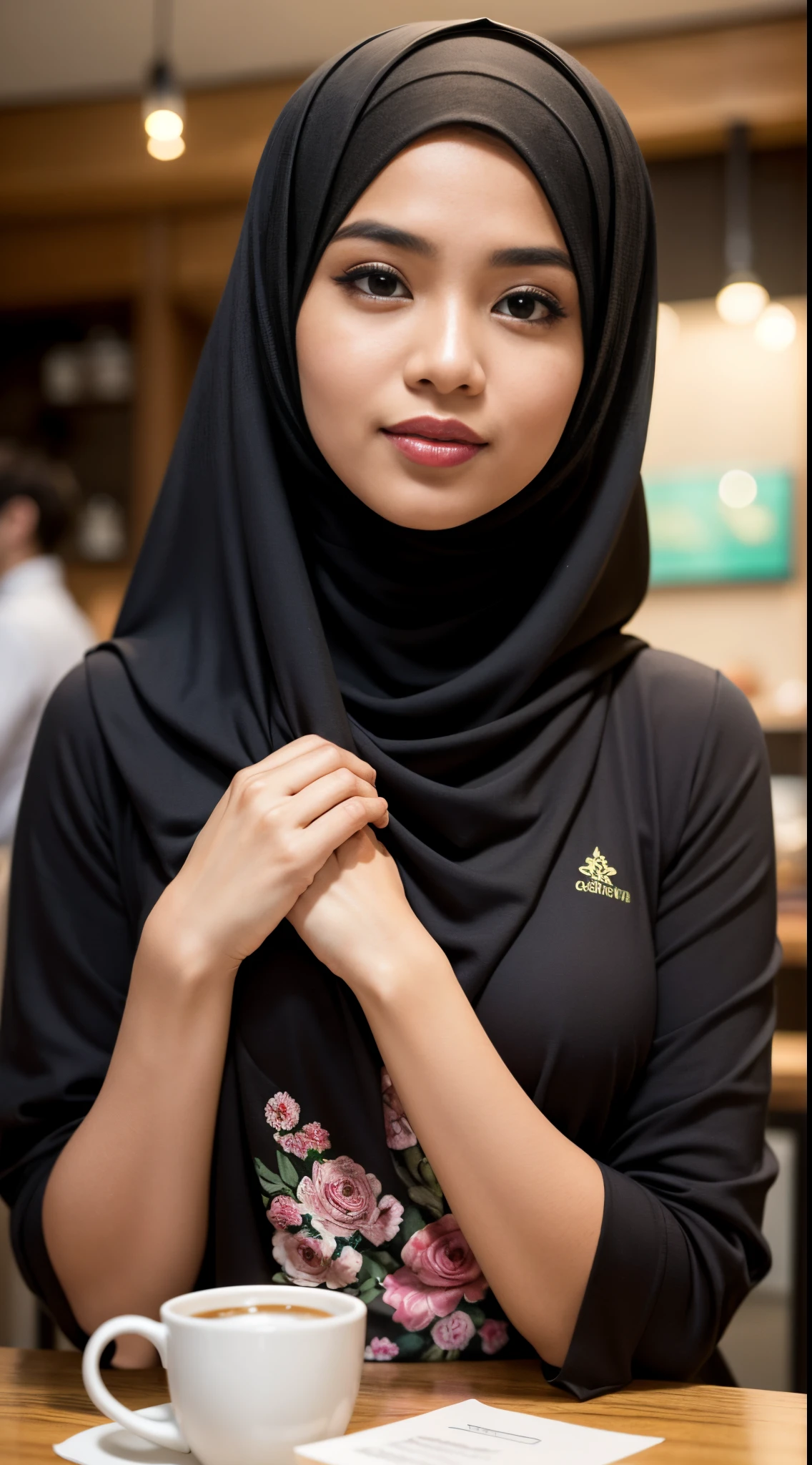 RAW, Best quality, high resolution, masterpiece: 1.3), beautiful Malay woman in hijab (iu:0.8),A photo of a young, nerdy malay woman in hijab sitting in a starbuck cafe with 1 malay men in office suit standing behind, woman wearing pastel floral pattern baju kurung, surrounded by a cozy atmosphere, cool ambient, looking at the viewer. (Detail skin:1.3), haired hand,
Hijab, slender, red lips, flirting with the camera