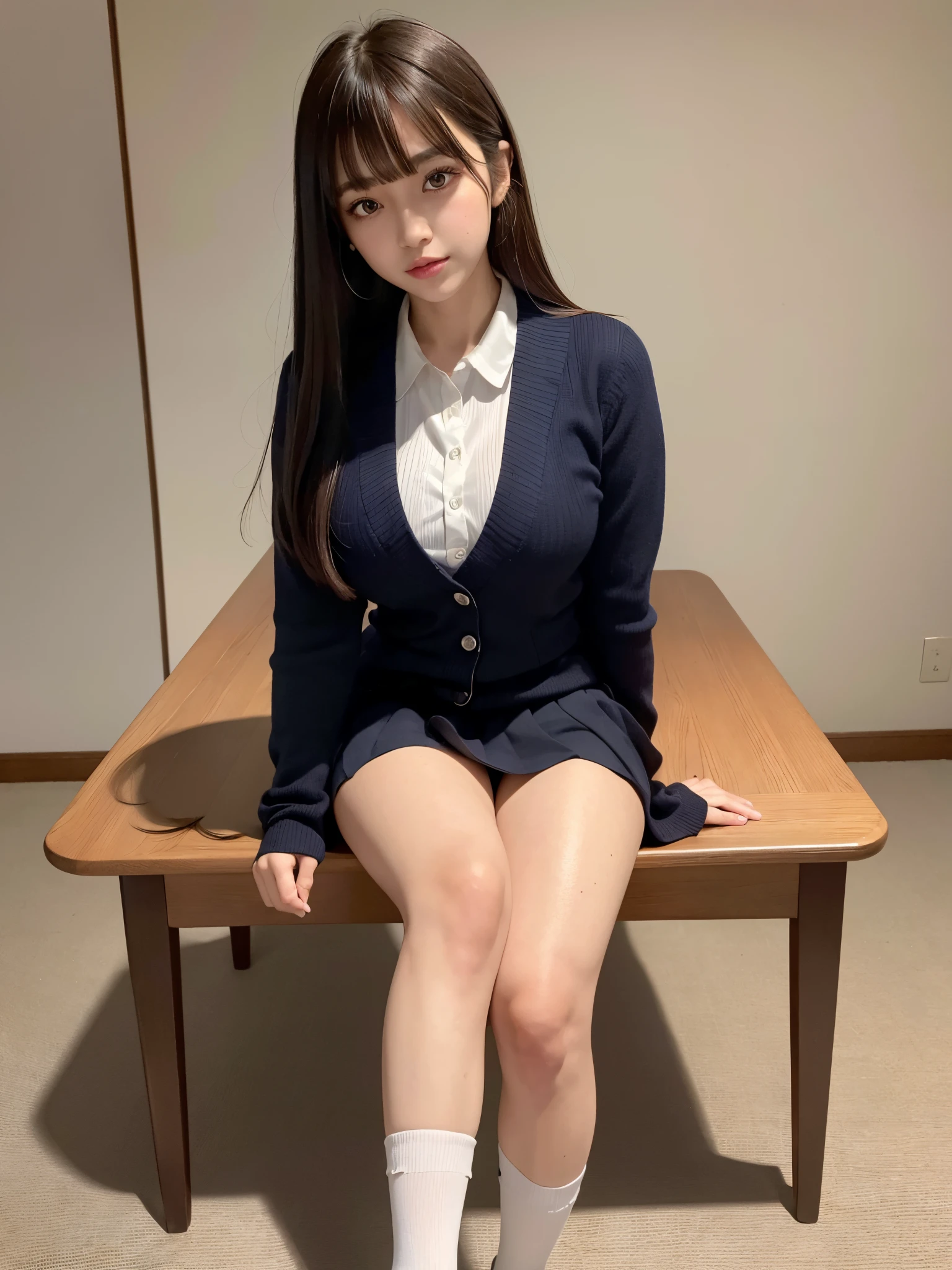 8k,best quality, masterpiece, ultra detailed, ultra high res, photorealistic, raw photo, absurdres, absolutely resolution, 1girl, full body ,a Japanese young pretty woman, hyper cute face, glamorous figure, large breasts , long bob hair , (school uniform :1.3),white socks, Black Loafers school,desks ,glossy lips, double eyelids in both eyes, natural makeup, long eyelashes, shiny smooth light brown long bob hair, asymmetrical bangs, shiny skin, central image, high resolution, high detailing, detailed hairstyle, detailed face, spectacular movie lighting, octane rendering, vibrant, hyper realistic, perfect limbs, perfect anatomy
