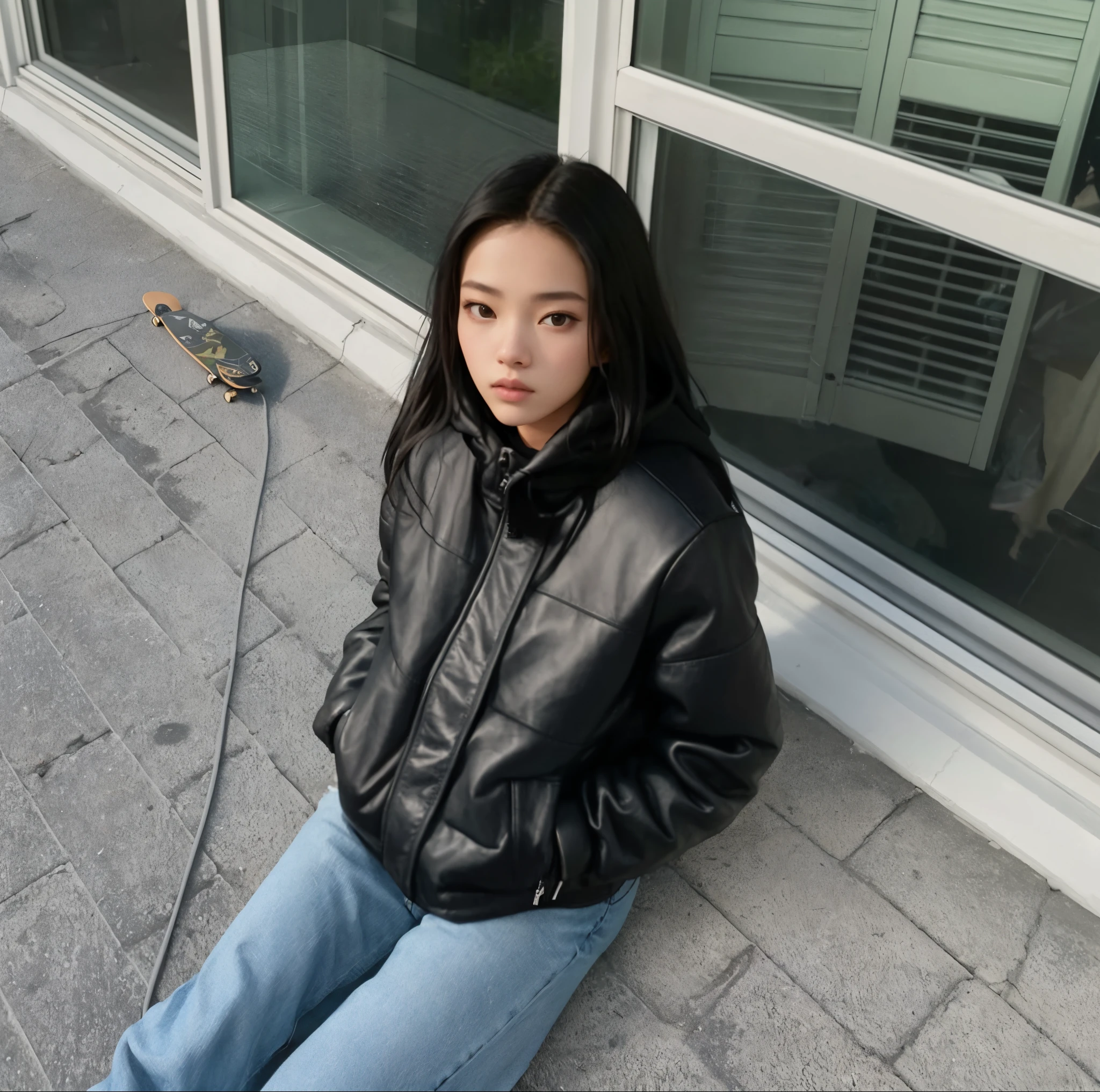 arafed woman sitting on the ground with a skateboard in front of a window, profile pic, she is wearing streetwear, model wears a puffer jacket, profile image, wearing jeans and a black hoodie, very aesthetic leather jacket, 19-year-old girl, jinyoung shin, leather jacket and denim jeans, jossi of blackpink, 18 years old