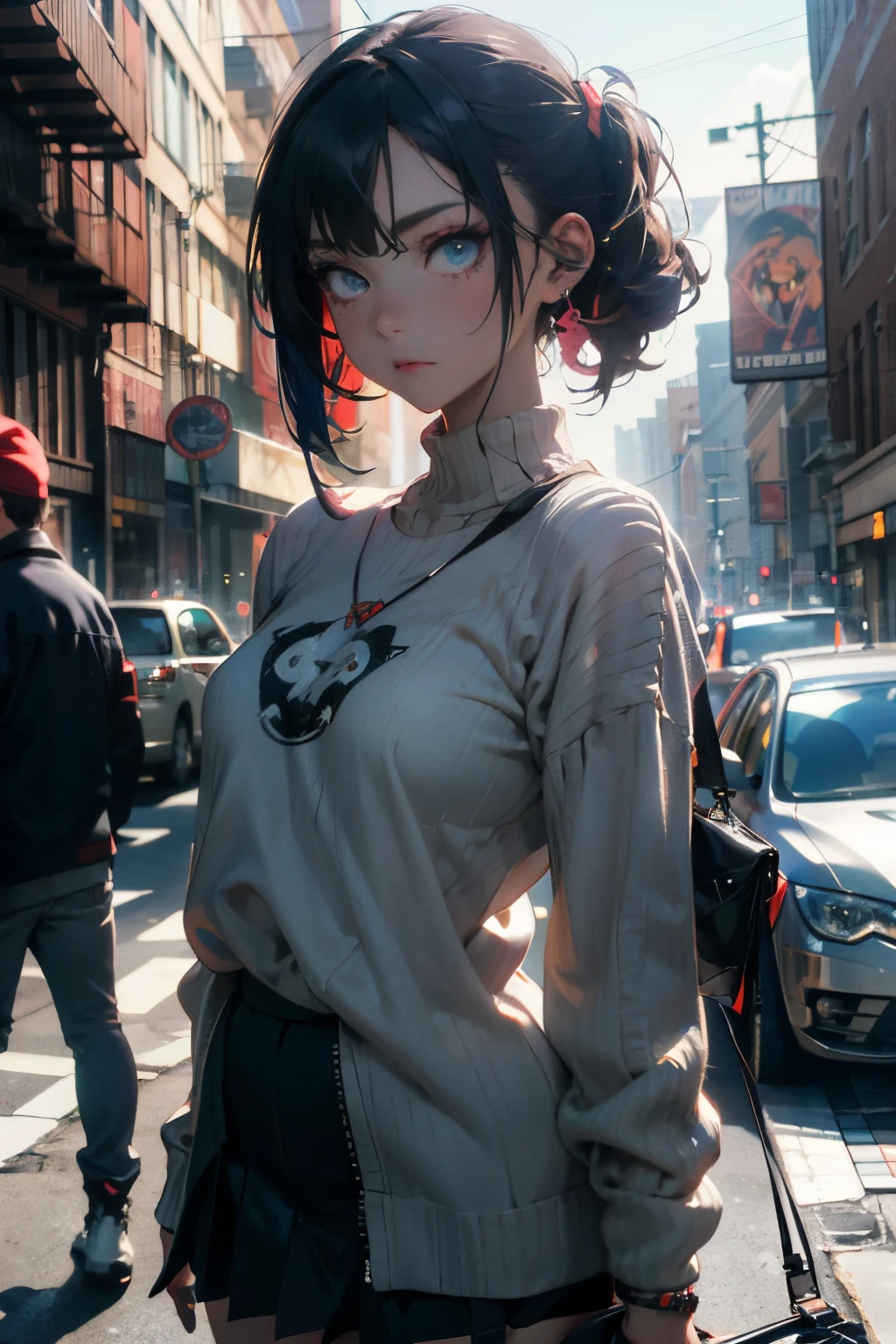 a 20 yo woman、A dark-haired、(hi-top fade:1.3)、dark themed、Muted Tones、Subdued Color、highly contrast、(natural skin textures、Hyper-Realism、Soft light、sharp)、(masutepiece:1.2, Best Quality), (real picture, Intricate details), (1lady, Solo, Upper body, Big Tits)
Clothes: Edgy, Avant-garde, experimental
appearance: Shaved head or bold hair color, Dramatic makeup, Unconventional fashion choices
behavior: defiance, non-conformist, place of provocation: urban art district, Underground Music Scene
hobby: attending punk shows, creating mixed media art, Try different subcultures
values: individuality, authenticity, Creative Expression Inspiration: Punk rock music, Counterculture icons, Characters of the avant-garde movement: Bold, boldness, Unconventional.，Red sweater and black skirt, black thigh-highs, black twin-tails, Blue eyes, on the beds, White bed，