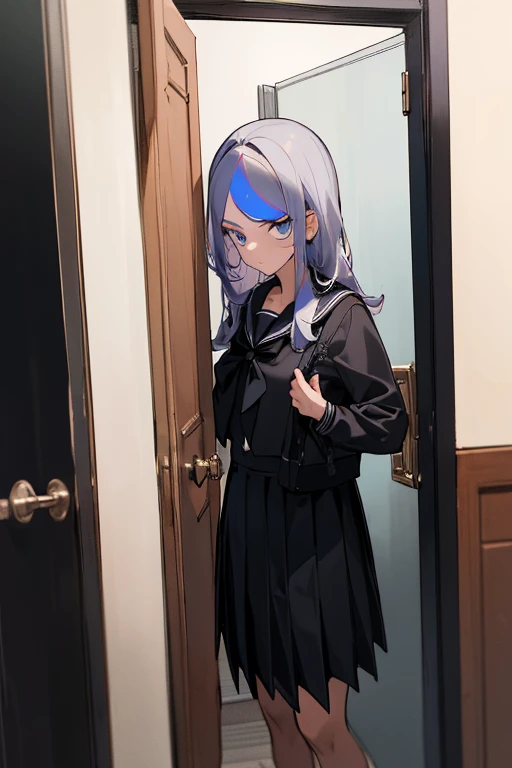 ((tmasterpiece,Best quality)),girl，Holding the door at the door，In front of the girl，cabelos preto e longos，Serious，Black school uniform