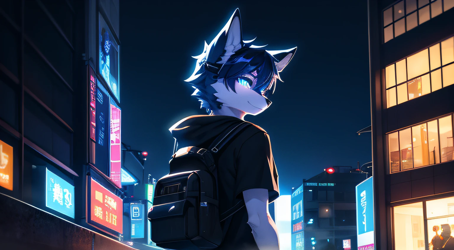 (cyber punk perssonage)Dark blue fur fox innocent face city night scene black glowing T-shirt backpack beautiful light and shadow、ambient lights、Ultra-fine fur、volumettic light
