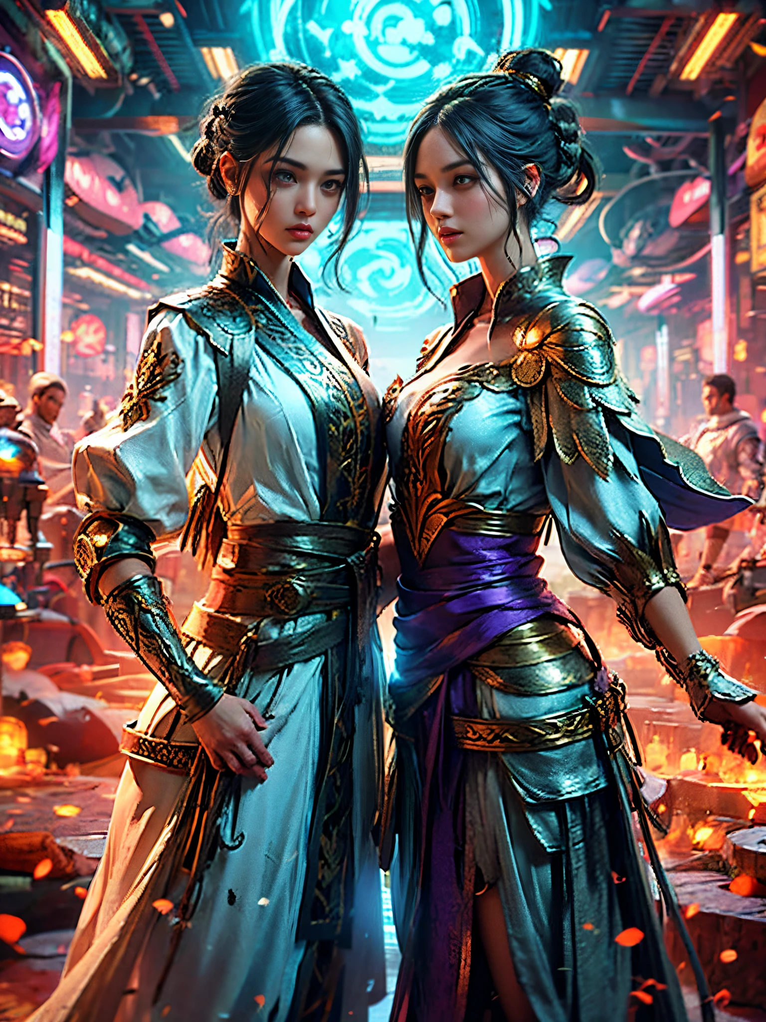 Criar um personagem feminino de jogo com duas espadas e com a roupa em tons de roxo e azul, com cabelos escuros e compridos amarrados