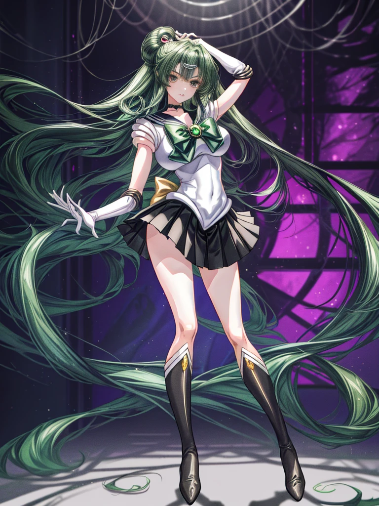 (8K, Best Quality, tmasterpiece:1.2),\(eye detailed\),\(Facial features\),(\(Detailed details of clothes\)\),(Colossal tits),full body Esbian, sailor moon outfit,(Facial Focus) ,Very detailed CG Unity 8K wallpaper,hugefilesize,ultra - detailed,hight resolution,absurderes,beautidful eyes,Ray traching,Dramatic shadows,Up to detail,Dramatic angles,Hyper-detailing,(Solo),anime styled、Very long straight hair、Green head hair