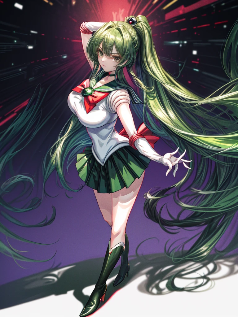 (8K, Best Quality, tmasterpiece:1.2),\(eye detailed\),\(Facial features\),(\(Detailed details of clothes\)\),(Colossal tits),full body Esbian, sailor moon outfit,(Facial Focus) ,Very detailed CG Unity 8K wallpaper,hugefilesize,ultra - detailed,hight resolution,absurderes,beautidful eyes,Ray traching,Dramatic shadows,Up to detail,Dramatic angles,Hyper-detailing,(Solo),anime styled、Very long straight hair、Green head hair