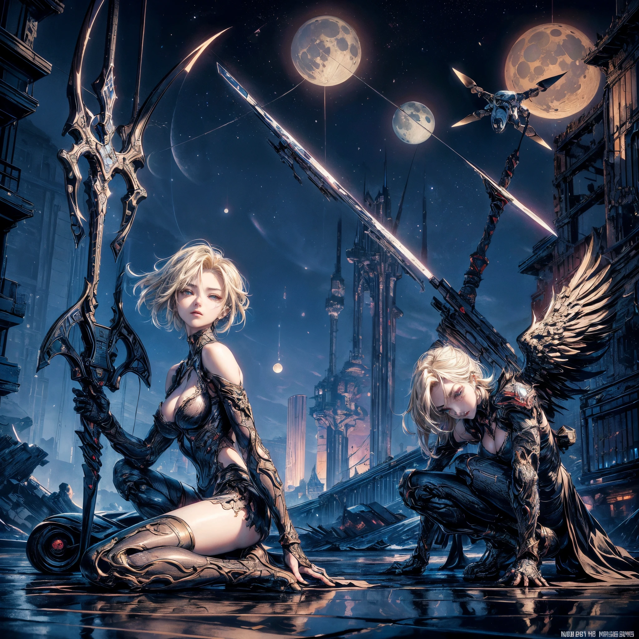 Cinematic lighting,super detailed skin、beautiful and detailed face、Beautiful detailed eyes、Highly detailed limbs、Best Quality,cyberpunked,(Alternative、dim colors, Soothing tones:1.3),Blonde hair、NSFW(1beautiful woman、sixteen years old、Detailed beautiful facial features:1.3)(well-shaped breasts、Exposed shoulders、Posture of reflection、ripped clothing:1.2).beautiful villain、Incarnation of evil、cyberpunk fallen angel、mechanic design wing(Arms and legs are machines:1.5)(Large Weapon:1.2)、(crouching down、acrobatic combat pose、Dynamic battle scenes:1.5)、crouching down、Confront the enemy、Destroyed buildings、Predawn sky、(Highly detailed feet:1.4)(moon and satellite、drone:1.2)