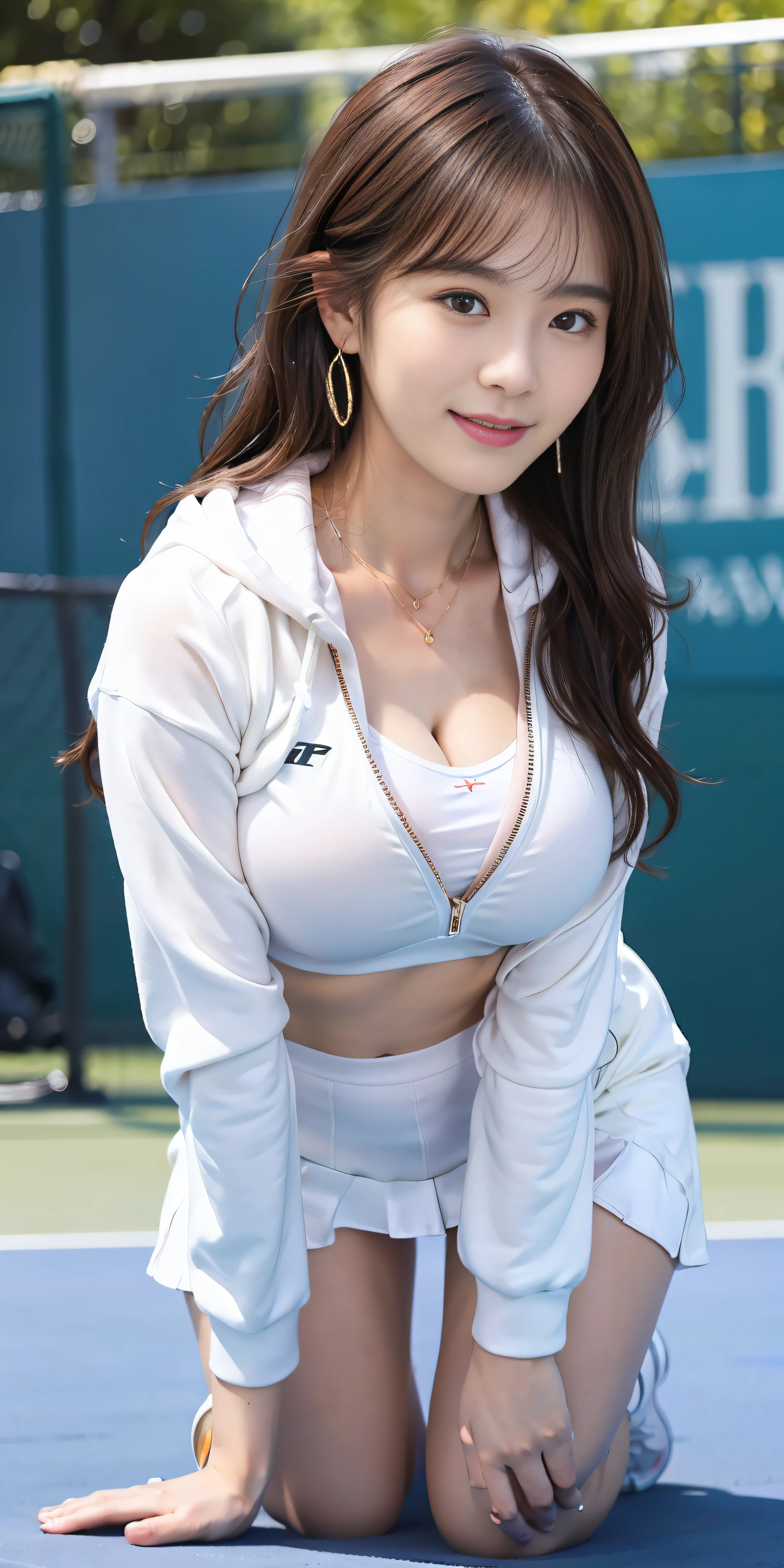 top-quality、Top image quality、masterpiece、25 year old female tennis coach, black middle wavy hair、Puffy nipple、Tennis Wear、pleatedskirt、Pink panty、light pink long sleeve hoodie、Medium milk, ((soft boob、cleavage of the breast))、((((Get down on both knees、stick out buttocks、leaning-forward、I can see all my panties、Skirt rolled up in the wind))))、Shy laughter、sexy hips、stick out buttocks、tennis coat、Shake your head、Big necklace、Cute earrings