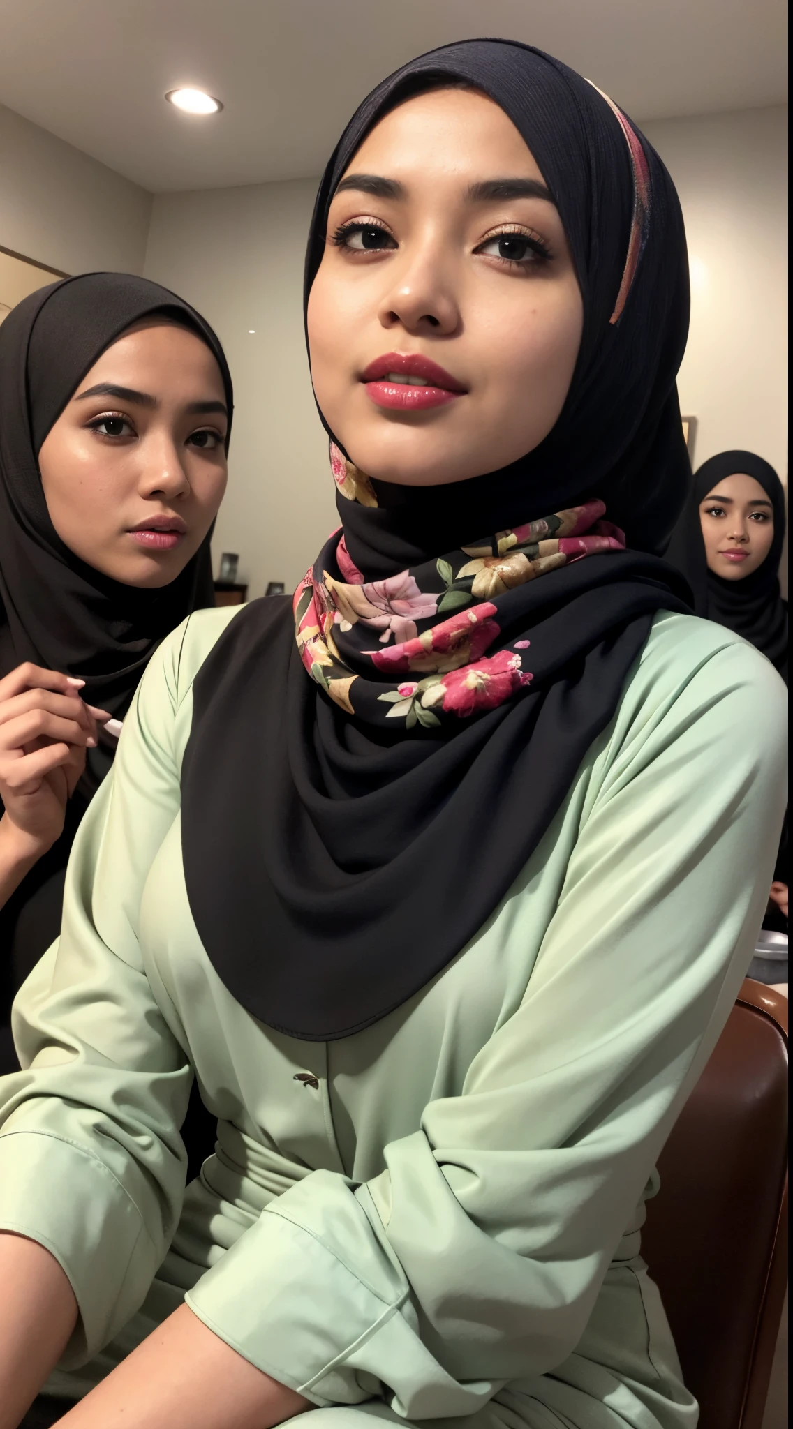RAW, Best quality, high resolution, masterpiece: 1.3), beautiful Malay woman in hijab (iu:0.8),A photo of a young, nerdy malay woman in hijab sitting in a starbuck cafe with 1 malay men in office suit standing behind, woman wearing pastel floral pattern baju kurung, surrounded by a cozy atmosphere, cool ambient, looking at the viewer. Big breast, (Detail skin:1.3), haired hand,
Hijab, slender, red lips, flirting with the camera