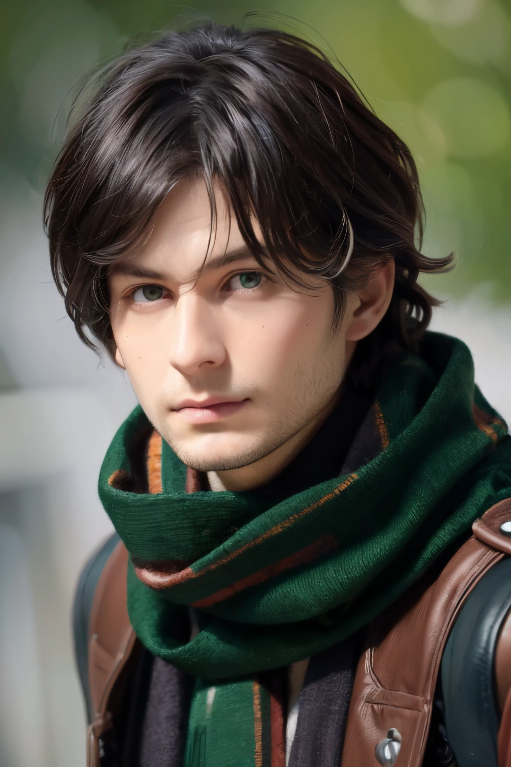 guy. dark colored hair, Dishevelled, dark green eyes, a scarf