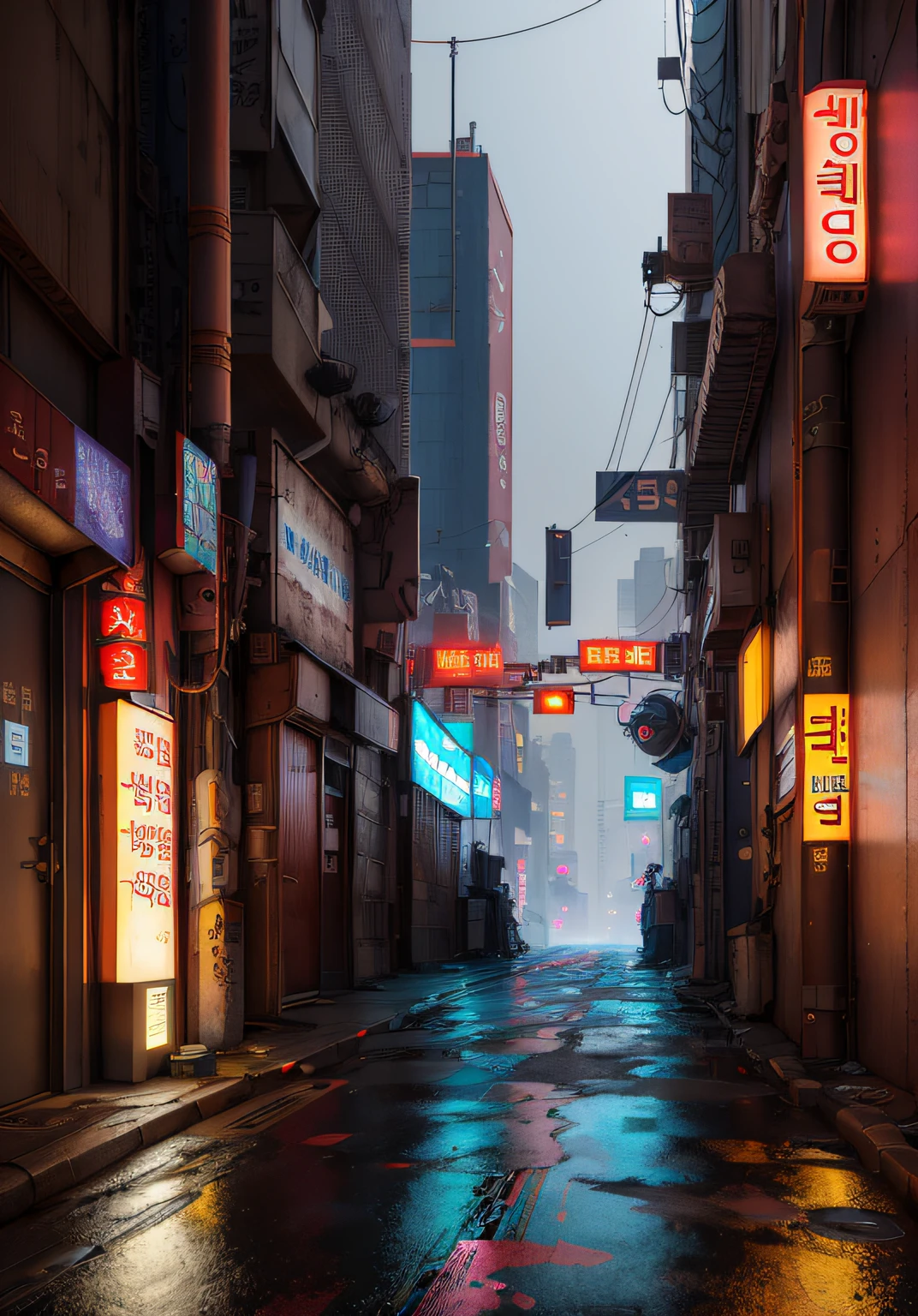 lonely ally in Seoul, cyberpunk city from sci-fi movie, empty street, Korean, Korean signs, intricate, hyper-detailed, realistic, ultra-realistic, high quality, ultra detail, crazy detail, photo realism, 8k