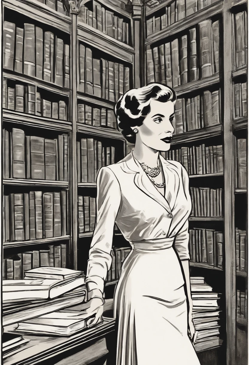 A candid shot of Vivian leading a group of patrons on a literary-themed treasure hunt through the library, with a mischievous glint in her eye and a playful smirk on her lips.,original,Vivian Hawthorne, the master librarian at the New York City Public Library, is a picture of elegance and intelligence. In her mid-fifties, she has sharp, observant eyes that miss nothing, framed by silver-streaked hair often pulled back in a sleek bun. Her attire is always classic and impeccable, befitting the grandeur of the library’s halls which she navigates with a poised grace.
