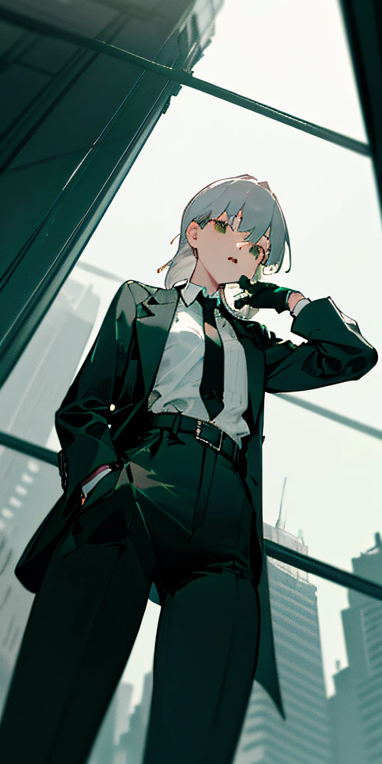 (masterpiece, best quality),(((from below, depth of field, dutch angle, green lighting))), floating hair, 1girl, solo, formal, hand in pocket, suit, black gloves, building, looking at viewer, black necktie, fingerless gloves, white shirt, city, outdoors, black jacket, belt, black pants, collared shirt, brown eyes, standing, long sleeves, grey hair, cityscape, open jacket, cowboy shot, skyscraper, black suit, night, pant suit, very long hair