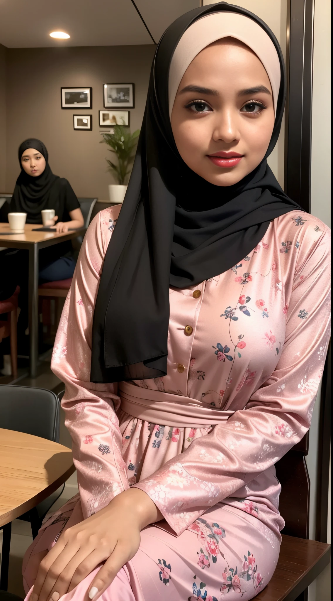 RAW, Best quality, high resolution, masterpiece: 1.3), beautiful Malay woman in hijab (iu:0.8),A photo of a young, nerdy malay woman in hijab sitting in a starbuck cafe with 1 malay men in office suit standing behind, woman wearing pastel floral pattern baju kurung, surrounded by a cozy atmosphere, cool ambient, looking at the viewer. Big breast, (Detail skin:1.3), haired hand,
Hijab, slender, red lips, flirting with the camera