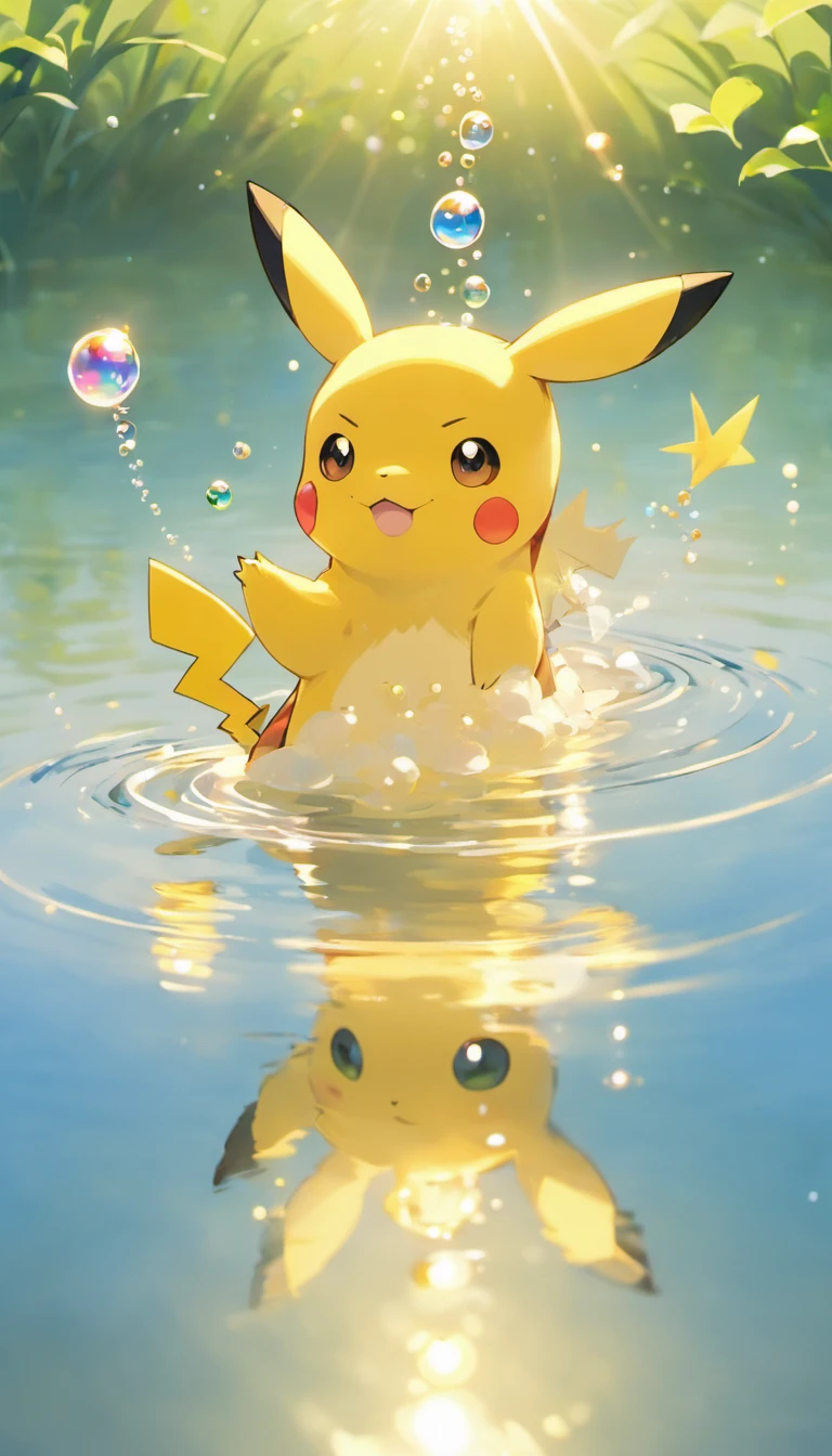 An inspiring scene in ultra-high definition 3D showing Pikachu making a wish on the shore of a tranquil lake. Pikachu, Beautifully rendered down to the smallest detail, Bubbles are seen gently blowing into the air, Each has a hopeful wish. Bubbles capture the reflection of the setting sun, Dreamy creation, magical effect. The overall atmosphere is soft, Full of hope and tranquility