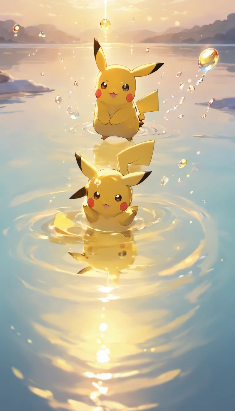 An inspiring scene in ultra-high definition 3D showing Pikachu making a wish on the shore of a tranquil lake. Pikachu, Beautifully rendered down to the smallest detail, Bubbles are seen gently blowing into the air, Each has a hopeful wish. Bubbles capture the reflection of the setting sun, Dreamy creation, magical effect. The overall atmosphere is soft, Full of hope and tranquility