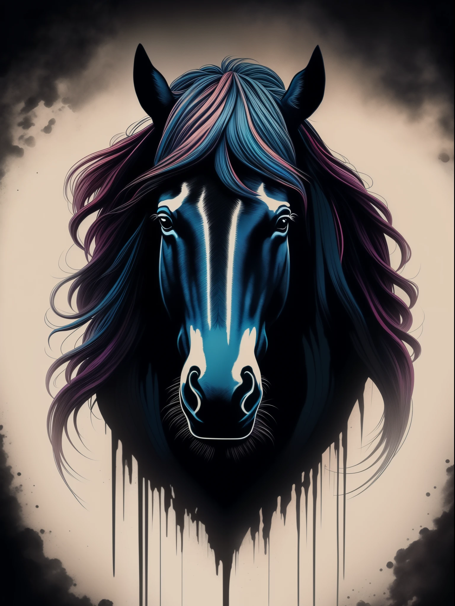 cavalo branco, arte da camiseta, 2D, ((fundo preto :1, 5)), vetor, vivid colors, master part, best quality, detalhes intrincados, perfect symmetrical face, Realistic details, gothic theme, Anel luminoso, fora, cinematic shading