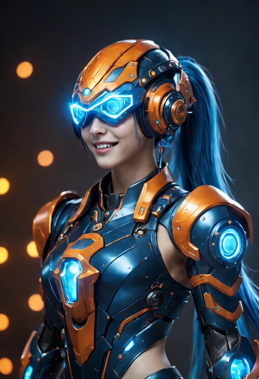 Game character design,3D character rendering,(((pixar-style))),League of Legends Jinx,((1girl,Blue double ponytail,Red eyes,big laughter,future warrior,Mechanical Warframe,Decorated with luminous lines and rivets,With streamer effect or LED light embellishment,Laser cannon、Ion cannon or pulse cannon)),((hair design:Brilliant deep blue,Add some glowing elements,Futuristic headgear such as orange photoelectric glasses or head-mounted display)),((Expression design:Add some glowing lines or orange LED light effects to the facial decoration,Design different facial expressions,Highlight the image of future warriors)),(action design:On the move、When releasing a skill or attacking,Add some special effects and animations,Highlight the sense of future and combat),((Special effects design:Add cool orange light effects、Electromagnetic wave effect or virtual interface,Enhance the visual impact of skin)), ((standing on your feet,Metal heels, Glowing lines or orange LED light effect)), (full body shot of: 1.5),jinx (league of legends)