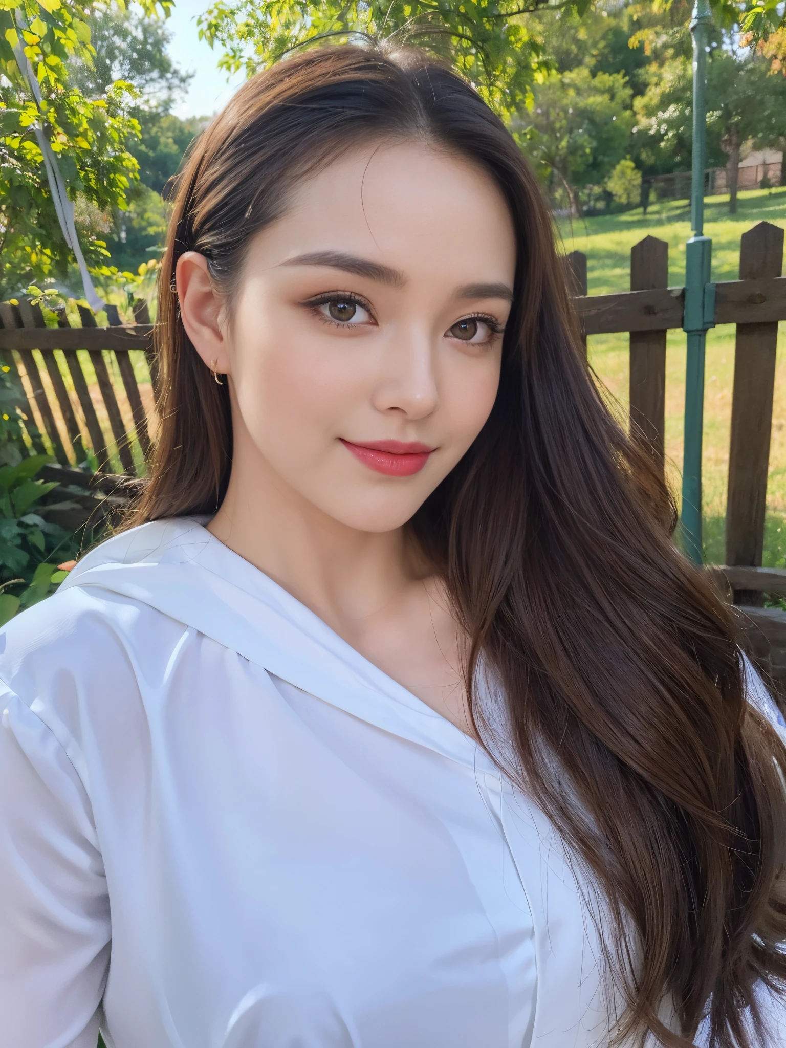 ((masterpiece, best)), (1girl), (mature woman), long light brown hair, flared, bangs, small breasts, (full), slim, smile, [wide hips], forest, standing, aru  (blue file), 8K picture quality, sexy seduction, ruby lipstick, colorful eyeliner, wearing a flower bodysuit