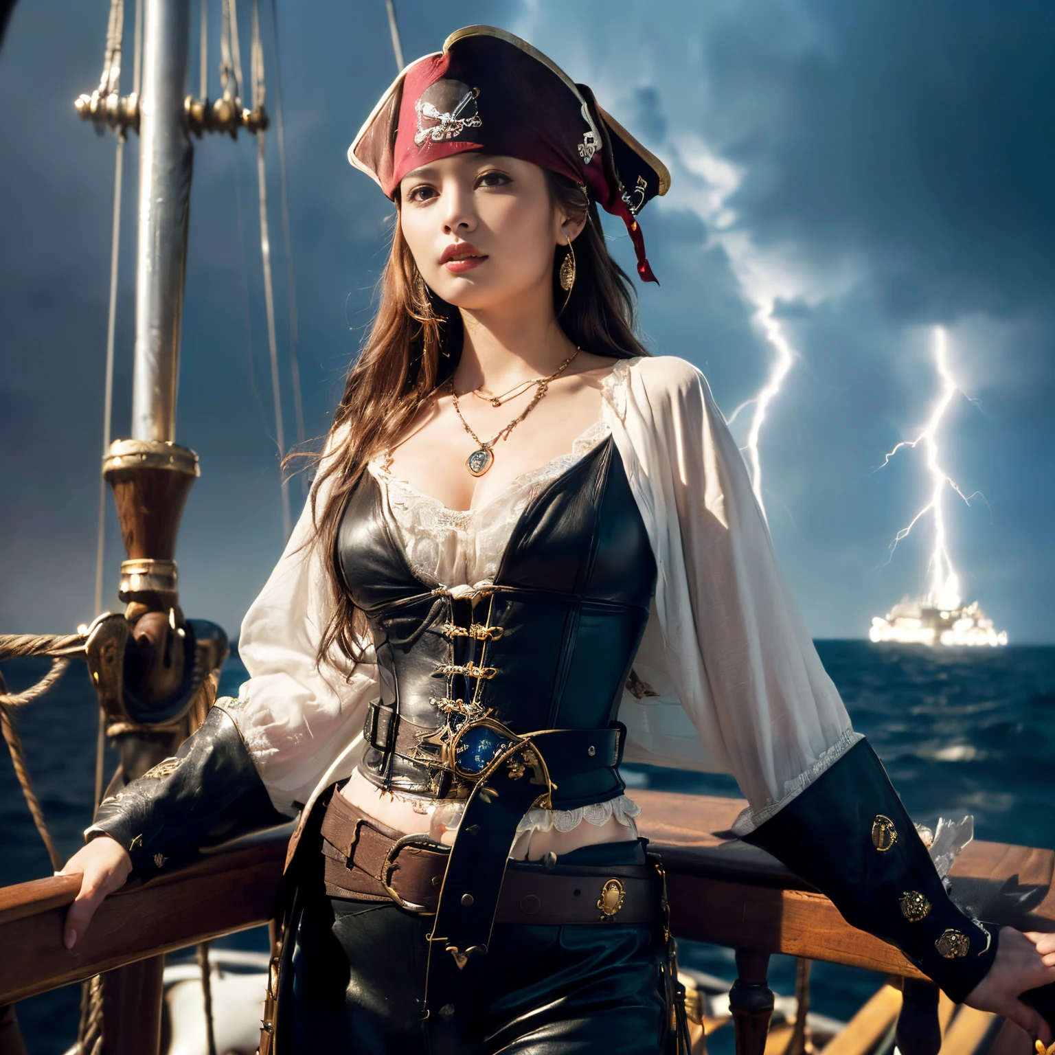 (top-quality、masutepiece、8K、Top image quality、SFW)、one female pirate、female pirate captain、(Fascinating medieval European pirate costume:1.3)、(A very intricately rendered classic pirate costume:1.3)、(Detailed depiction of numerous accessories:1.3)、(Complex necklaces、complex badges、Intricate accessories on a leather belt:1.5)、(Perfect sense of being on a pirate ship:1.7)、(Perfectly reproduce the classic and classical atmosphere:1.5)、(intricate corset、giant cloak、The most majestic pirate captain's intricate costume:1.5)、(Classic and majestic pirate captain costume:1.5)、(She's on the bow of the pirate ship、perfect pirate ship helm、holding the helm of the ship:1.5)、(She takes the helm of the pirate ship、accurate ship rudder、she is at the helm、intricate pirate ship interior:1.5)、(Dark night sea、Tsunami、dark night sea、high waves、midnight、very heavy rain、Real rain、Very heavy rain、lightning bolt、lightning、total darkness、eerie dark night、Pitch black stormy night:1.3)、(Cinematic depiction、Classic and intricate depiction of a pirate ship:1.3)、(View me、Brown hair、Very Longhair、A slight smil、photo of her from the waist up:1.5)