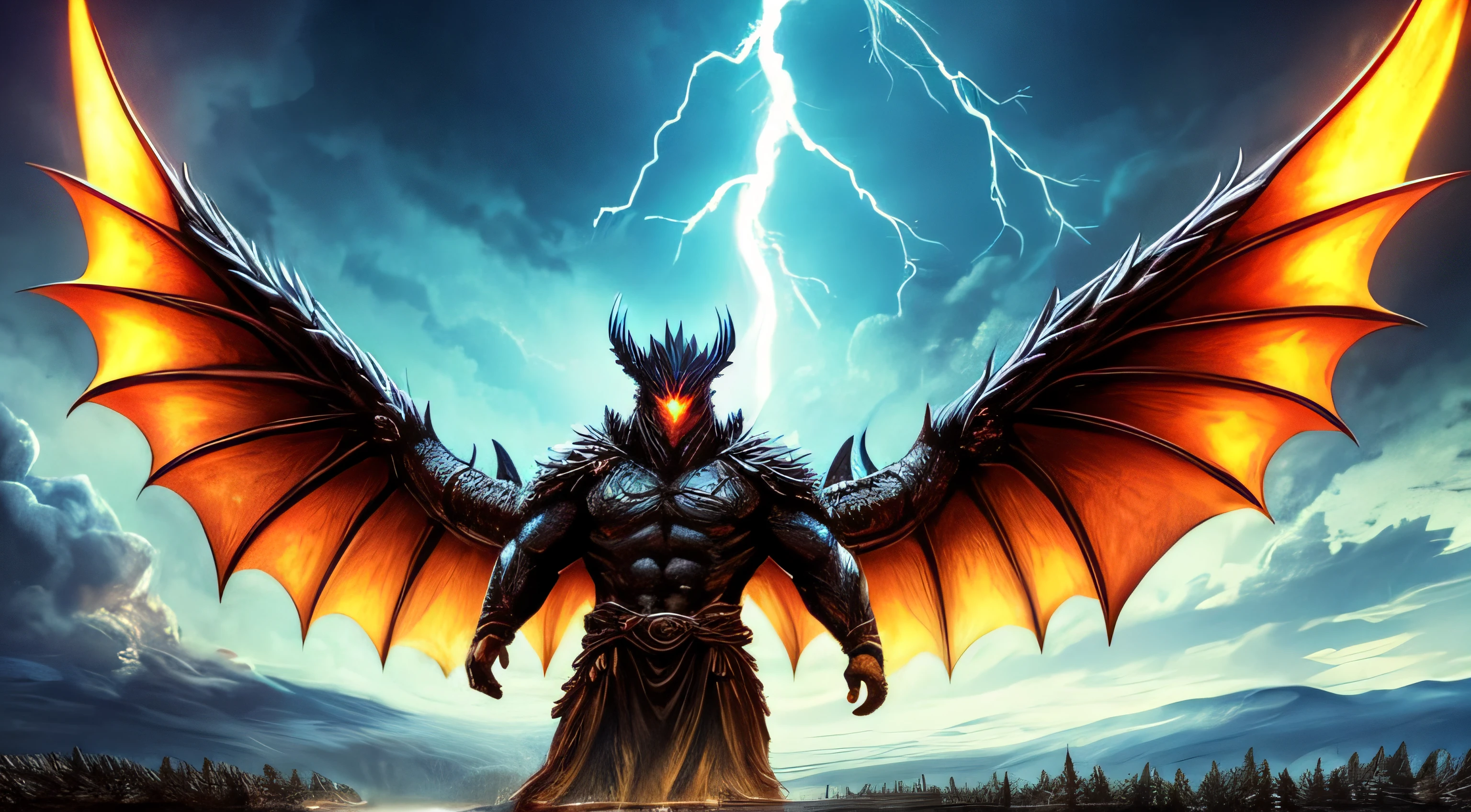 In the days before the great flood, a mighty Nephilim, with wings as wide as a dragon's and a sword that crackled with lightning, faced off against an army of humans, their fear palpable as they gazed upon the giant's immense form.