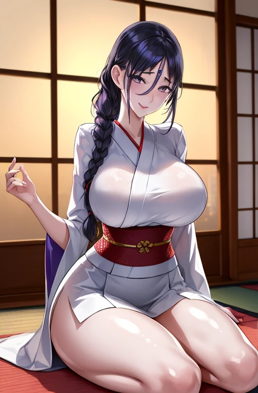 (Night:1.7), east asian architecture, 
sitting at attention,sitting on Tatami,
White_kimono,
black_hair, long_hair, hair_pulled_back,parted_lips,purple_eyes, braid,
1 girl, Manga,20yo,mature female,Beautiful Finger,Beautiful long legs,Beautiful body,Beautiful Nose,Beautiful character design, perfect eyes, perfect face,
looking at viewer,(innocent_big_eyes:1.0),(Light_smile:1.0),
official art,extremely detailed CG unity 8k wallpaper, perfect lighting,Colorful, Bright_Front_face_Lighting,
(masterpiece:1.0),(best_quality:1.0), ultra high res,4K,ultra-detailed,
photography, 8K, HDR, highres, absurdres:1.2, Kodak portra 400, film grain, blurry background, bokeh:1.2, lens flare, (vibrant_color:1.2)
(Beautiful,large_Breasts:1.4), (beautiful_face:1.5),(narrow_waist),