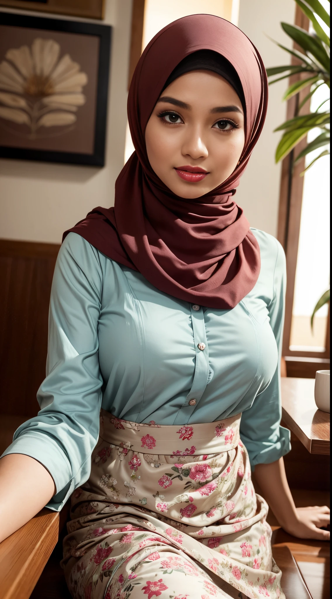 RAW, Best quality, high resolution, masterpiece: 1.3), beautiful Malay woman in hijab (iu:0.8),A photo of a young, nerdy malay woman in hijab sitting in a starbuck cafe with 1 malay men in office suit standing behind, woman wearing pastel floral pattern baju kurung, surrounded by a cozy atmosphere, cool ambient, looking at the viewer. Big breast, (Detail skin:1.3), haired hand,
Hijab, slender, red lips,  flirting with the camera
