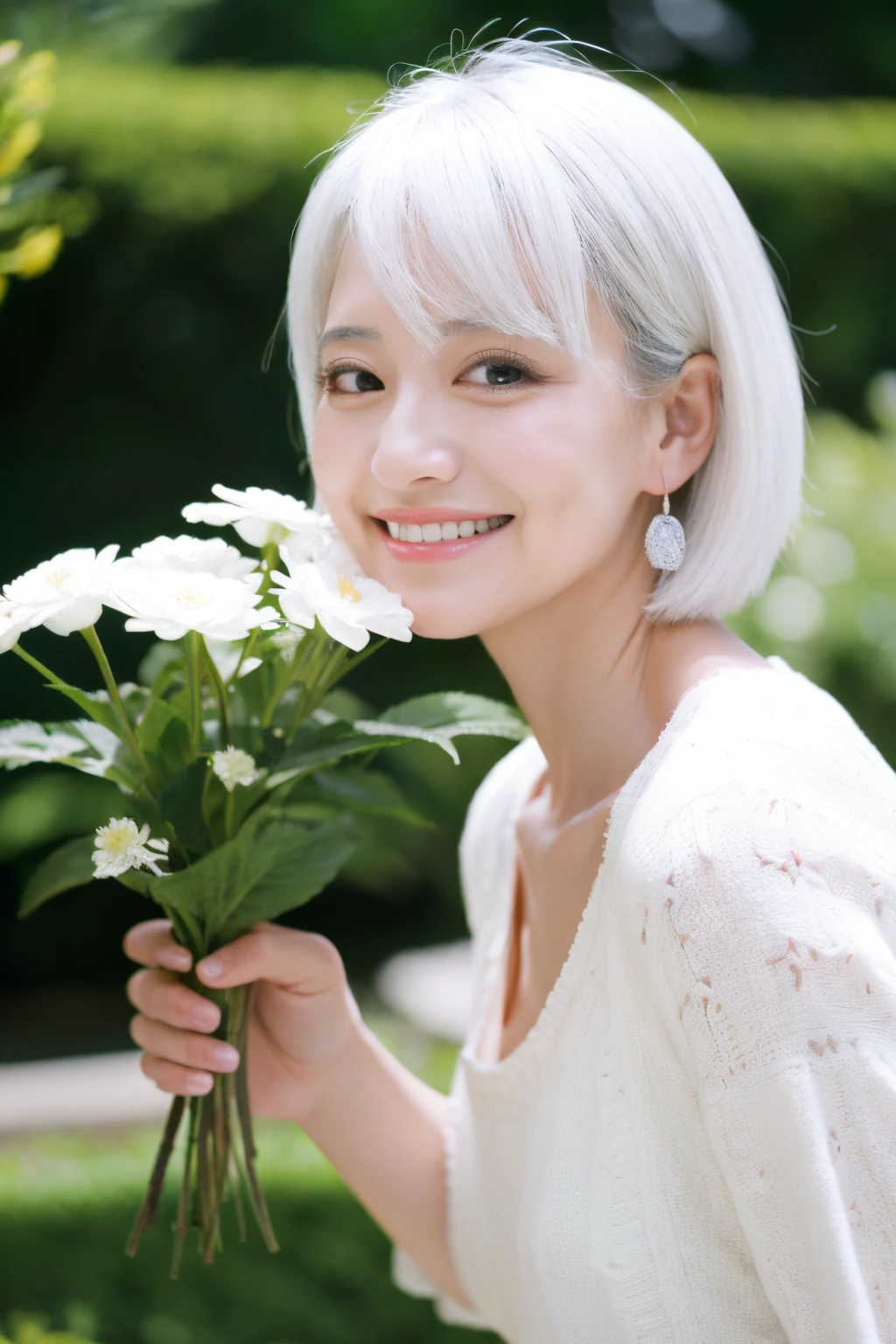 masutepiece, Best Quality, 1girl in, White hair, Smiling, Looking at Viewer, Adult, Fully mature, holding flowers