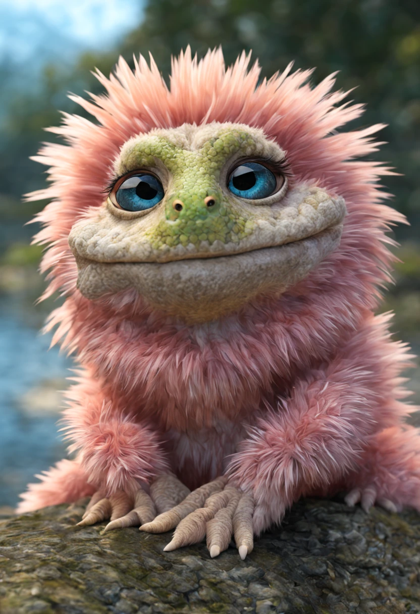 Johan Potma style, "(Best Quality, Ultra-detailed, Realistic:1.37),(( small fur lizard)),Cute monster(( fur))) (shaggy), large tities, expressive eyes, Fluffy eyelashes,  pink, Sitting on a rock by the pond, Very cute, Indigo Eyes, soft fluffy fur"