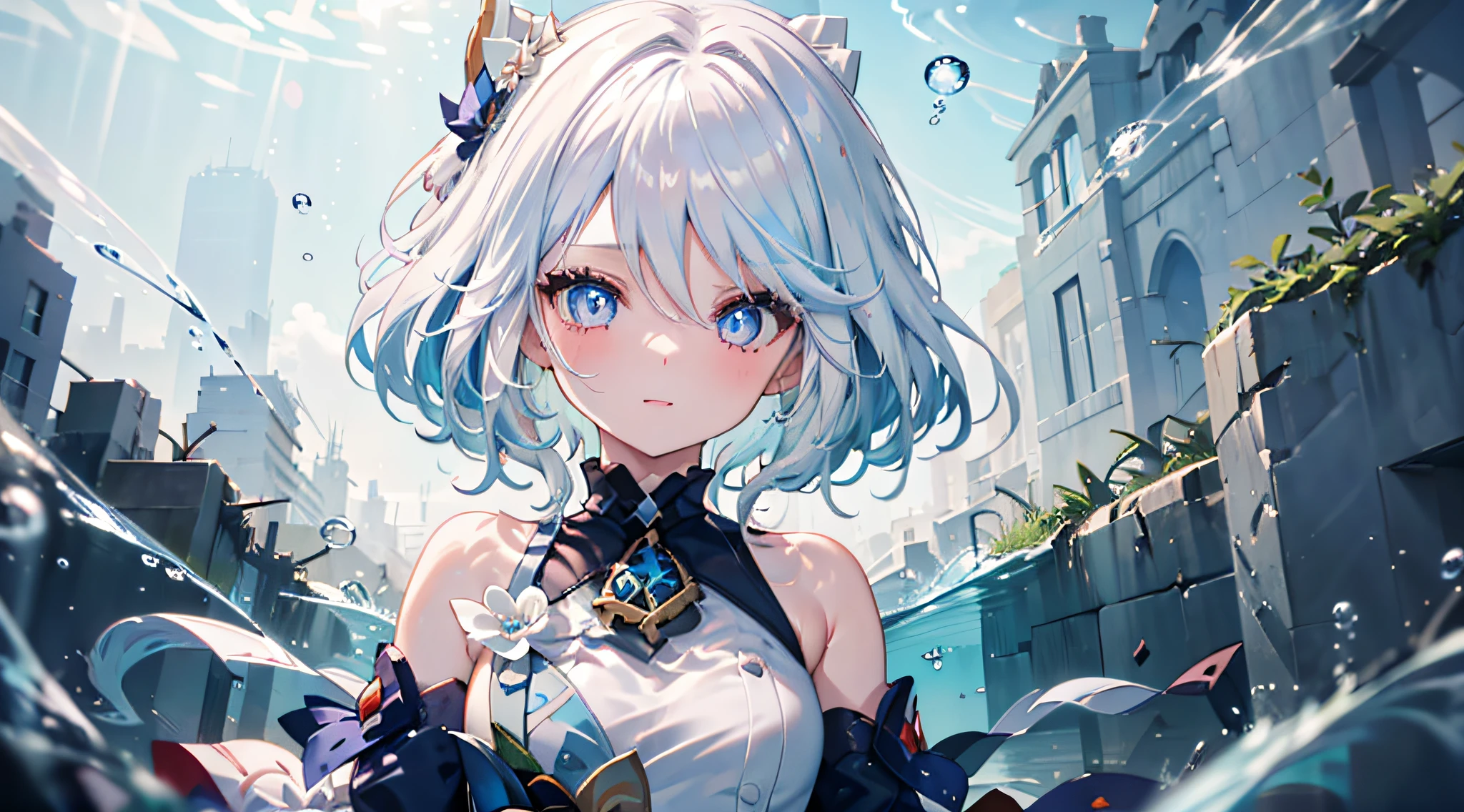 masterpiece, best quality, 1girl, furina, genshin impact, white hair, blue hair, cute, tear shaped pupils, happy, underwater, bubbles, sea, submerged, abandoned city