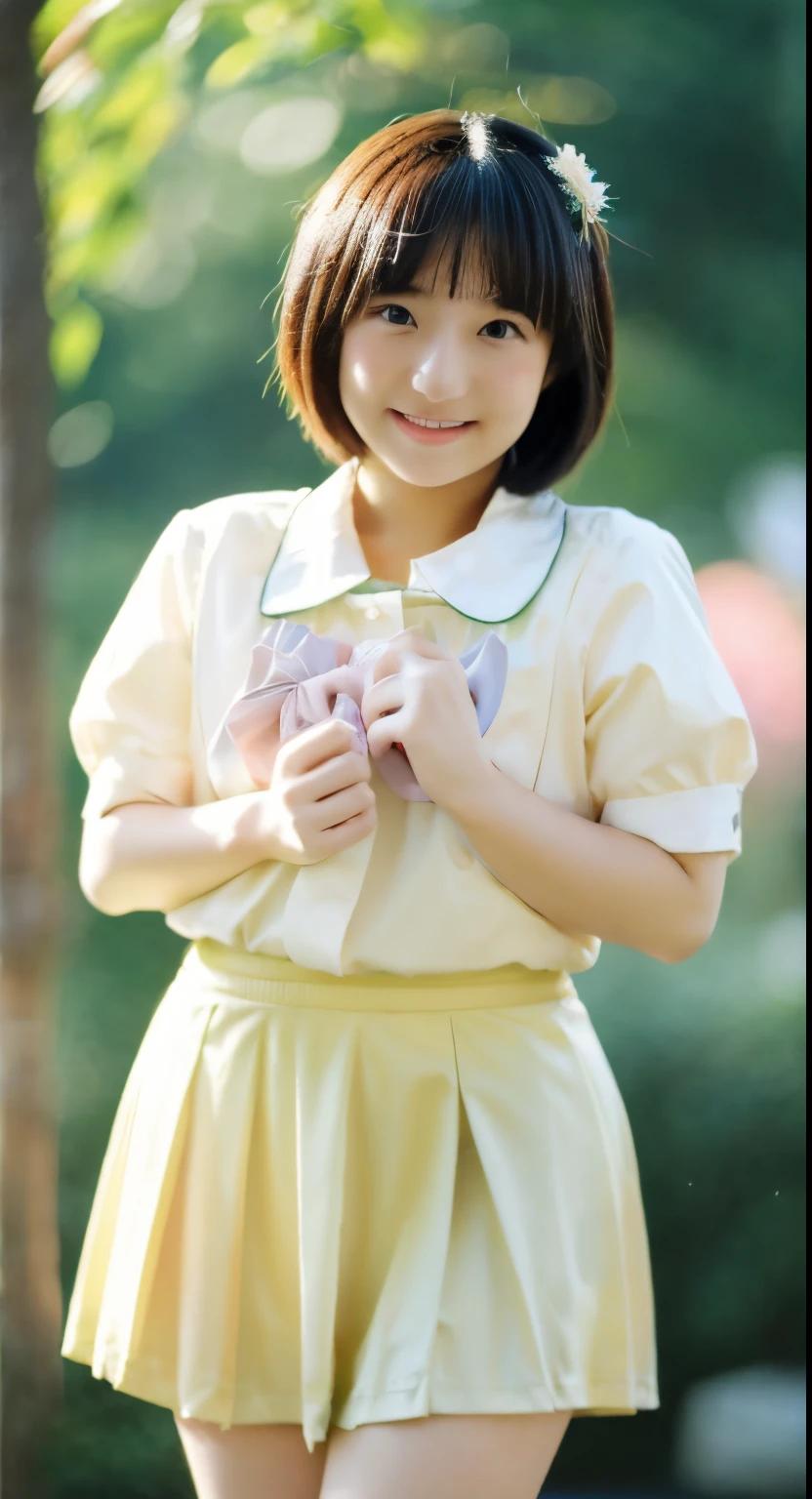 Japan Girl、12year old、小柄、Short hair、bobhair、Very cute、chubby figure、the chest is very large、Idol、Pichi Pichi clothes、The shape of the chest comes out、、Happy face、Sexy costume、The skirt is very short、Shooting from below、Panties are visible、