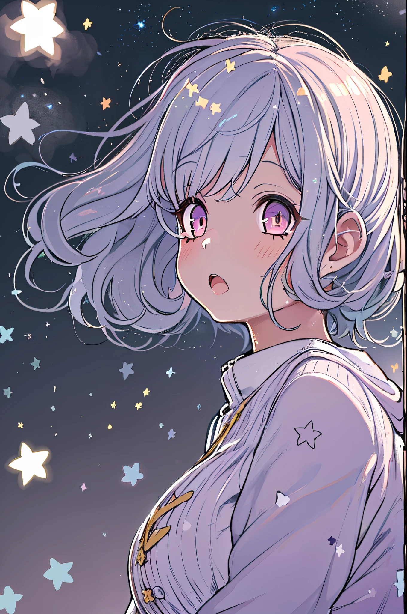 ((masutepiece,Best Quality)),(negative space:1.4),(1girl in, Solo:1.4),Beautiful detailed eyes,Floating pastel pink and lavender hair, Lavender eyes, At night, Starry sky, Shining stars