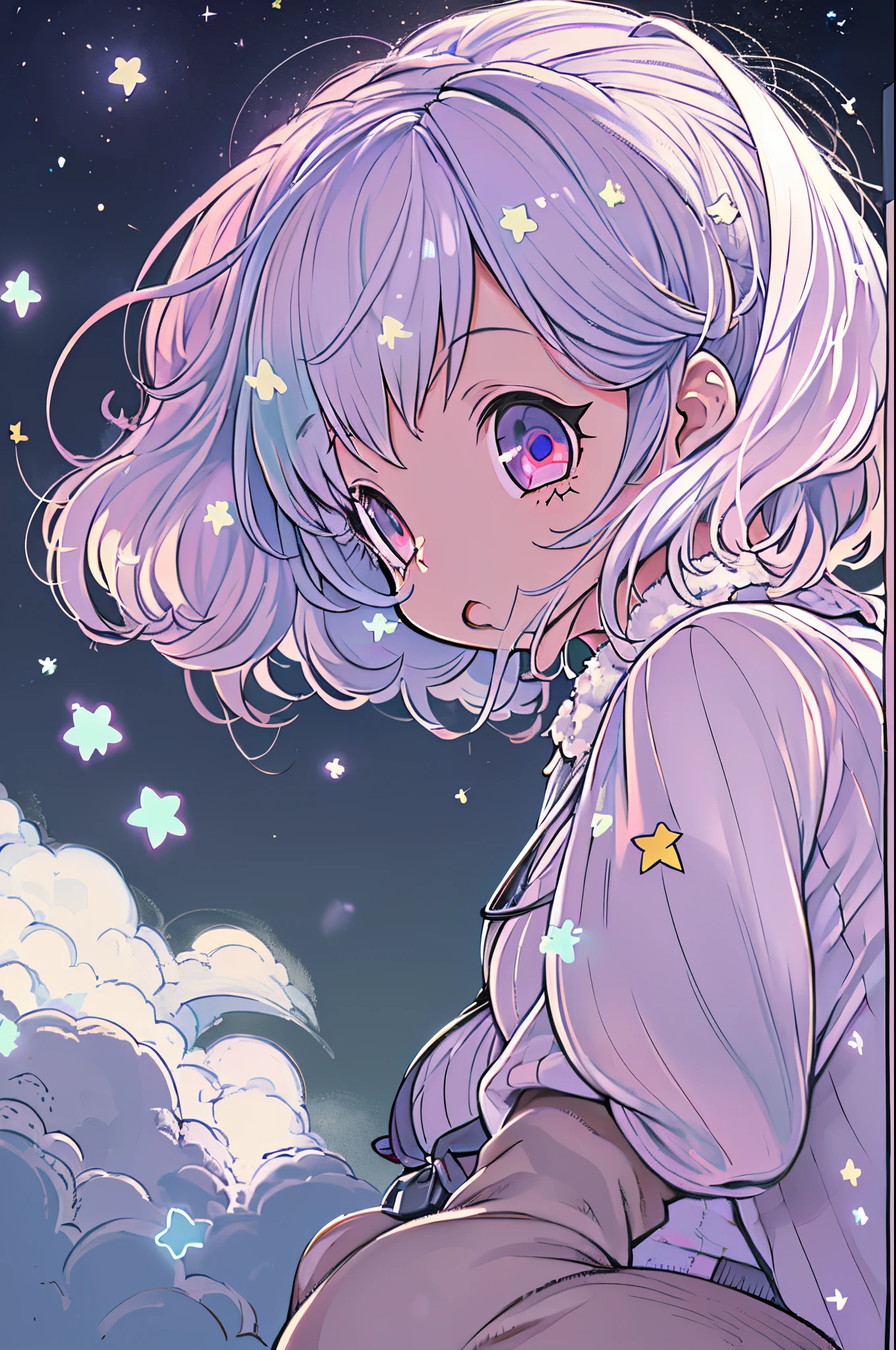 ((masutepiece,Best Quality)),(negative space:1.4),(1girl in, Solo:1.4),Beautiful detailed eyes,Floating pastel pink and lavender hair, Lavender eyes, At night, Starry sky, Shining stars