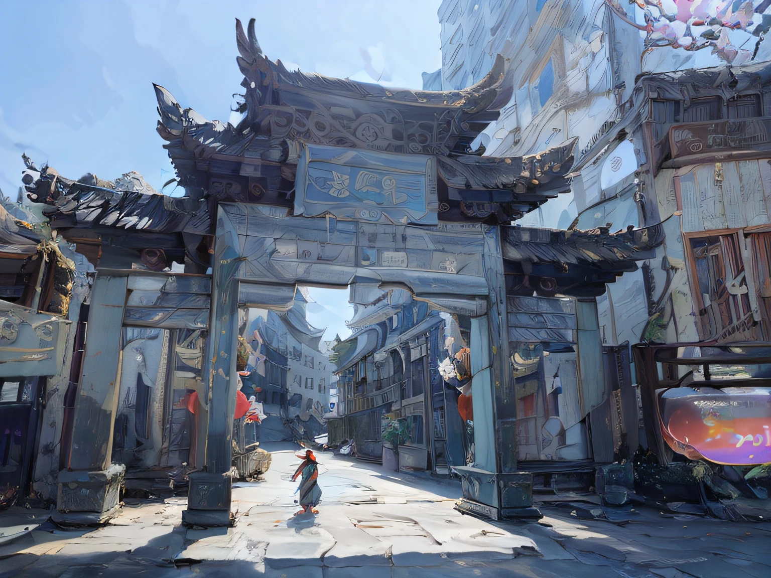 Alafi gate of a city,There is a motorcycle parked in front of the door, qiangshu, guangjian, Chinese architecture, nanquan, ruanjia, Neat and dense buildings, Baotou, China, Chinese Ancient Architecture, ancient city of white stone, jinyiwei, Chinese architecture, Chinese, china city, Dream China Town