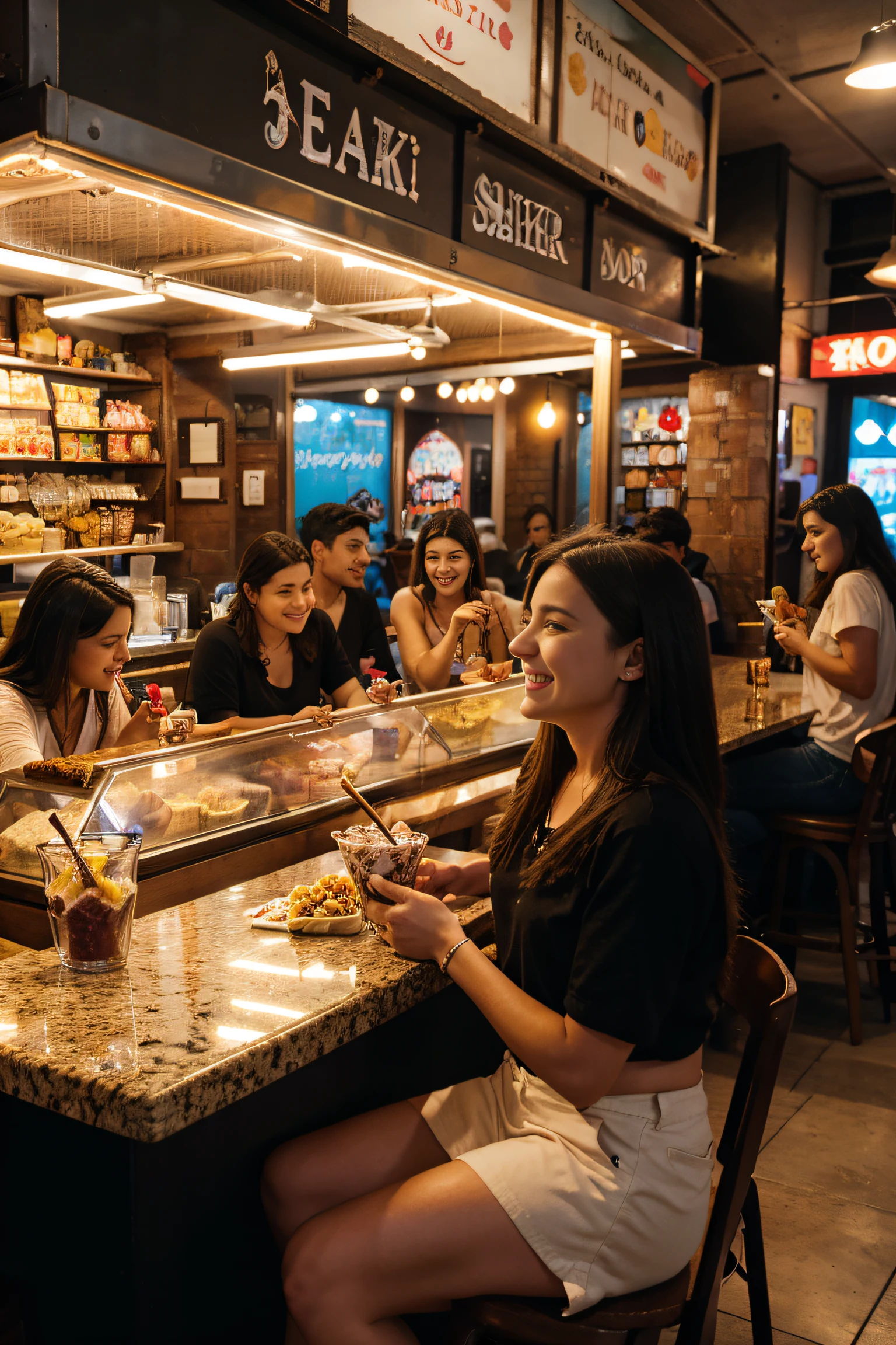 Full snack bar at night. Cheerful atmosphere. People eating açaí gelato from a bowl.