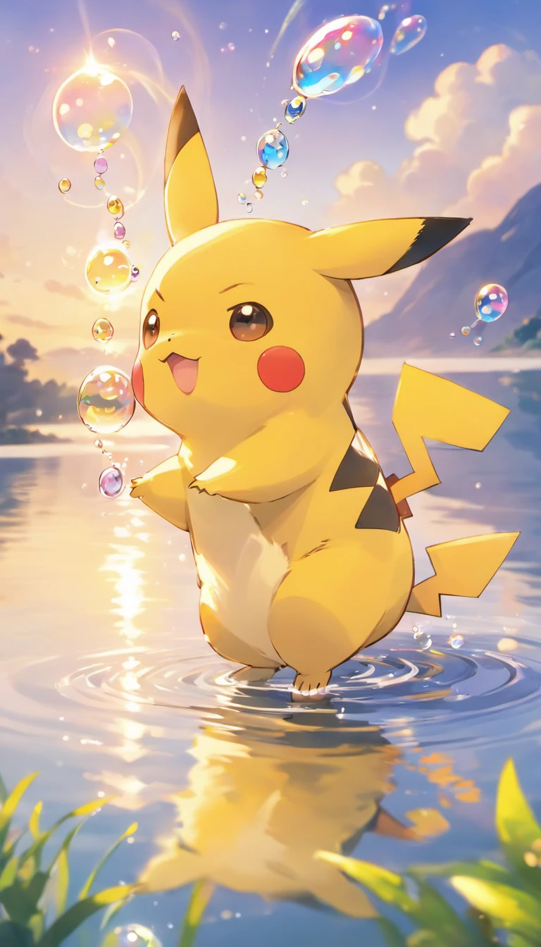 Touching scene of Pikachu making a wish on the shore of a tranquil lake in ultra-high definition 3D. Pikachu, Beautifully rendered down to the smallest detail, Bubbles are seen gently blown into the air, Each has a wish of hope. Bubbles capturing the reflection of the setting sun, Dreamy creation, magical effect. The overall atmosphere is soft, Full of hope and tranquility