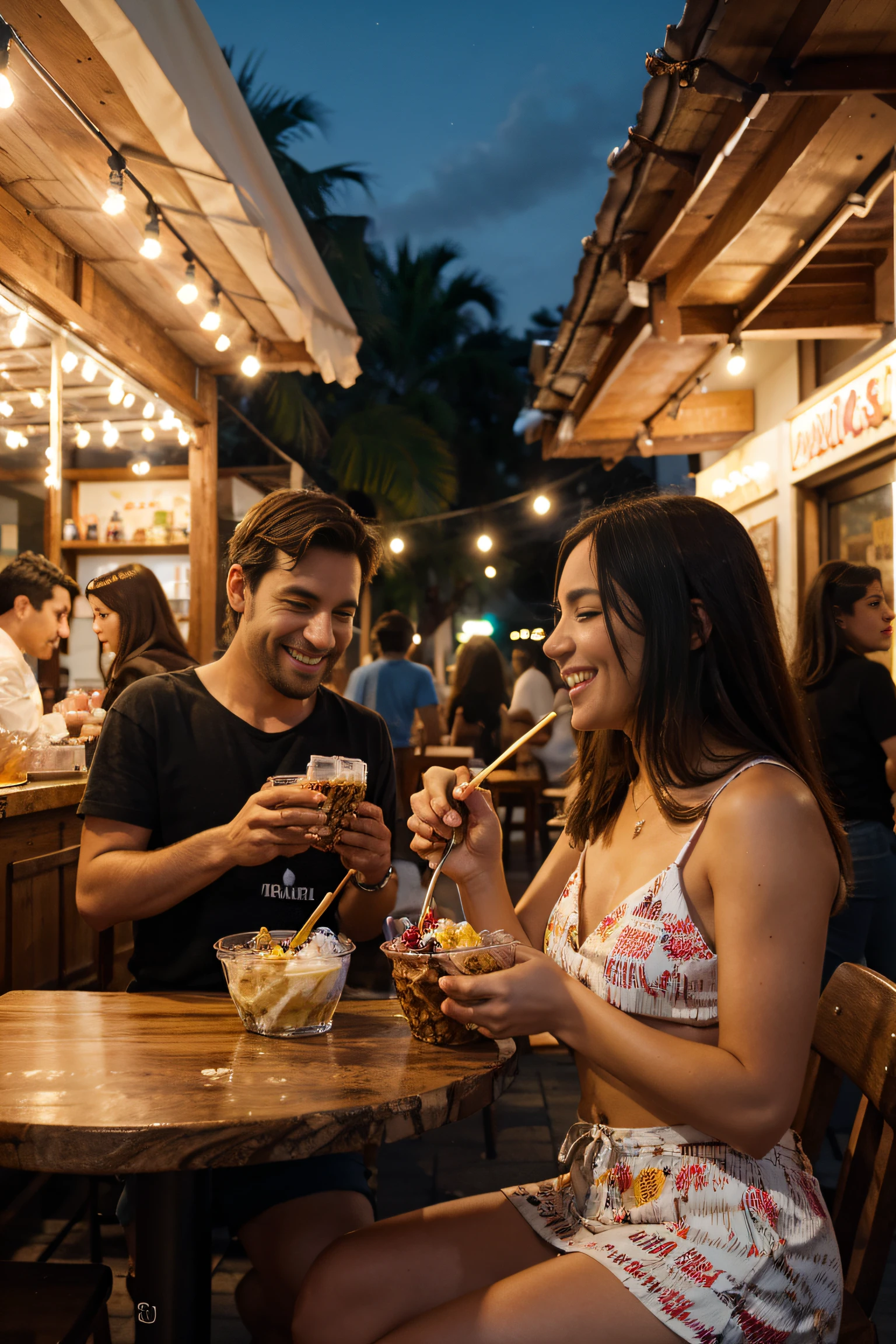 Full snack bar at night. Cheerful atmosphere. People eating açaí gelato from a bowl.