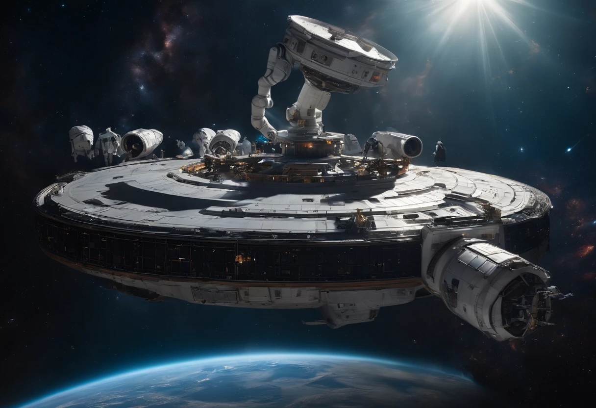 Best quality, , 超高分辨率, (Realistic photography:1.4), Many robots and astronauts are repairing a broken spacecraft in space, floating in space, star wars, light speed, black hole