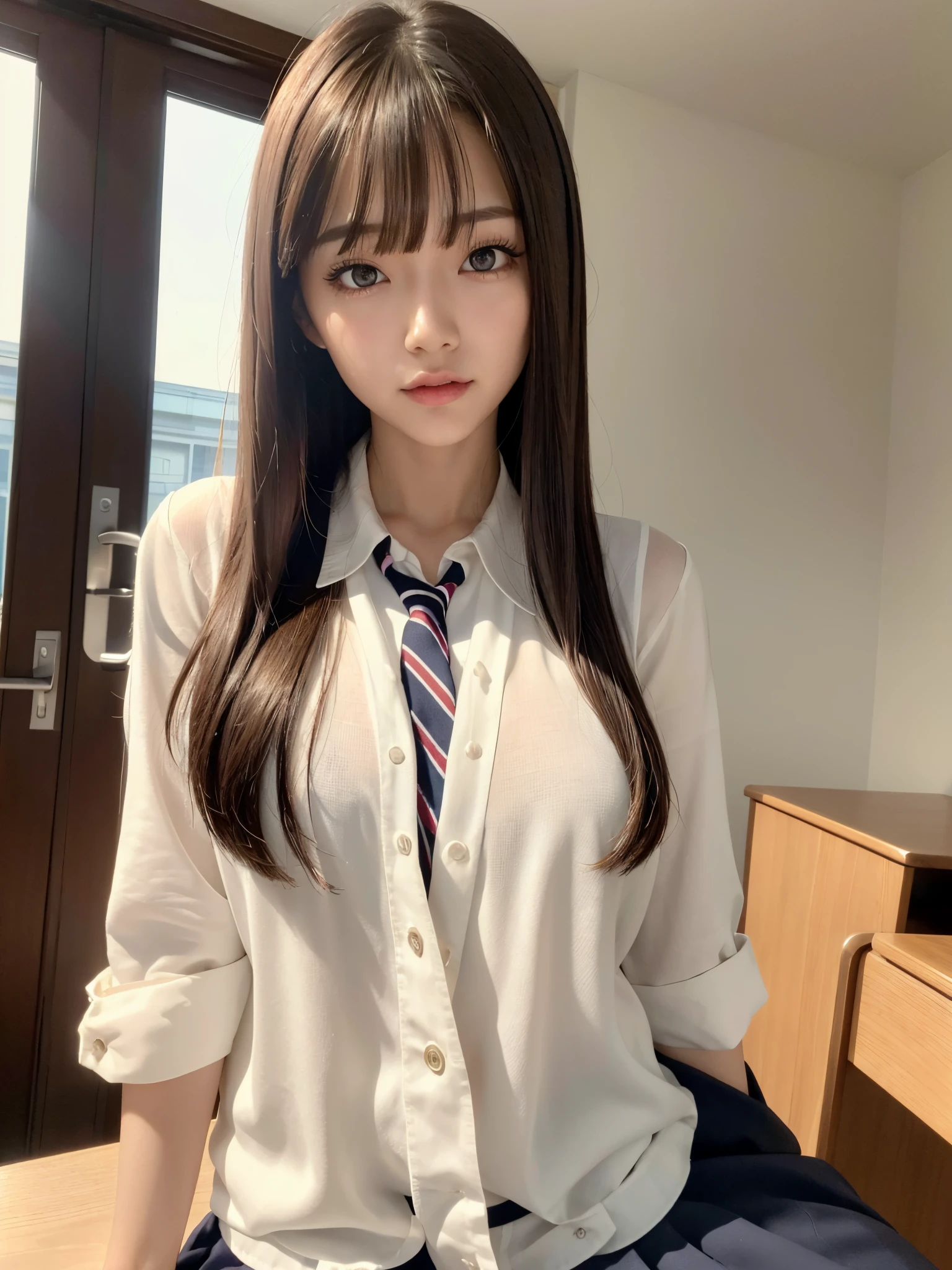 8K,Best Quality, masutepiece, ultra-detailliert, 超A high resolution, Photorealistic, Raw photo, absurderes, absolutely resolution, 1girl in, Full body ,a Japanese young pretty woman, hyper cute face, Glamorous figure, Large breasts , Long bob hair , (School uniform :1.3), a desk ,Glossy lips, Double eyelids in both eyes, Natural makeup, long eyelashes, Glossy smooth light brown long bob hair, asymmetrical bangs, Shiny skin, central image, High resolution, high detailing, detailed hairstyle, Detailed face, spectacular movie lighting, Octane Rendering, Vibrant, Hyper realistic, Perfect limbs, Perfect Anatomy