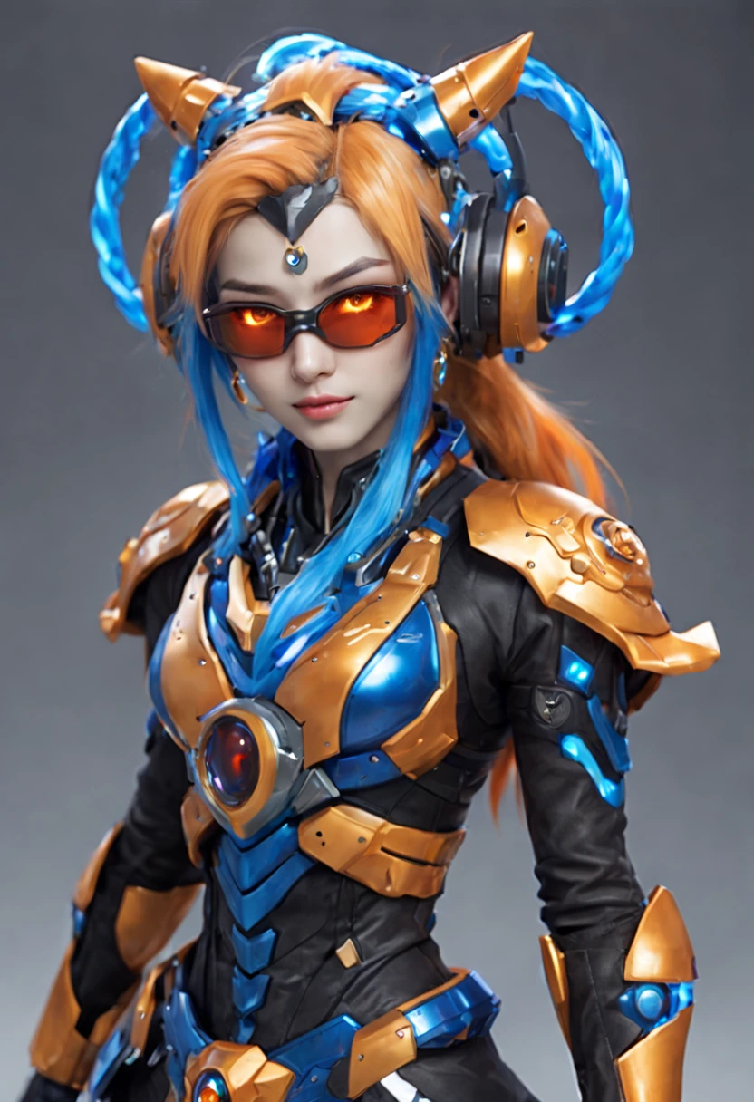 Game character design,3D character rendering,(((pixar-style))),League of Legends Jinx,((1girl,Blue double ponytail,Red eyes,big laughter,future warrior,Mechanical Warframe,Decorated with luminous lines and rivets,With streamer effect or LED light embellishment,Laser cannon、Ion cannon or pulse cannon)),((hair design:Brilliant deep blue,Add some glowing elements,Futuristic headgear such as orange photoelectric glasses or head-mounted display)),((Expression design:Add some glowing lines or orange LED light effects to the facial decoration,Design different facial expressions,Highlight the image of future warriors)),(action design:On the move、When releasing a skill or attacking,Add some special effects and animations,Highlight the sense of future and combat),((Special effects design:Add cool orange light effects、Electromagnetic wave effect or virtual interface,Enhance the visual impact of skin)), ((standing on your feet,Metal heels, Glowing lines or orange LED light effect)), (full body shot of: 1.5),jinx (league of legends)
