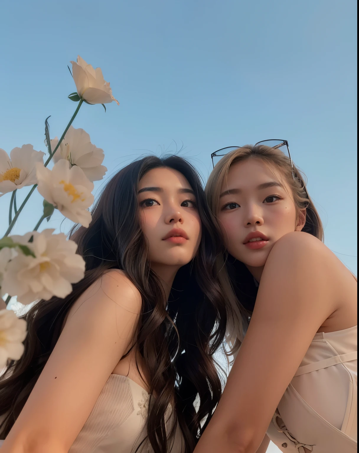 two women in white dresses posing for a picture with flowers, profile pic, with ivy, taejune kim, tumblr, nixeu and sakimichan, inspired by Wang Duo, # oc, #oc, ulzzang, choi, sfw, two models in the frame, blooming, korean artist, 📷 mungojerrie and rumpleteazer