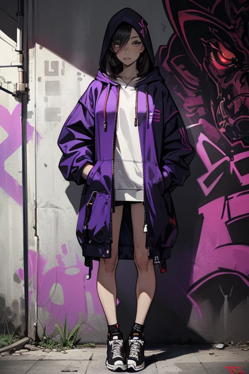1girl, ((ultra detailed eyes)), glowing purple eyes, hoodie, unzipped coat, ((hood on)), white skin girl, front bangs, edgy, standing in front of a graffiti-covered wall, street fashion, sneakers, spray paint cans, cyberpunk theme